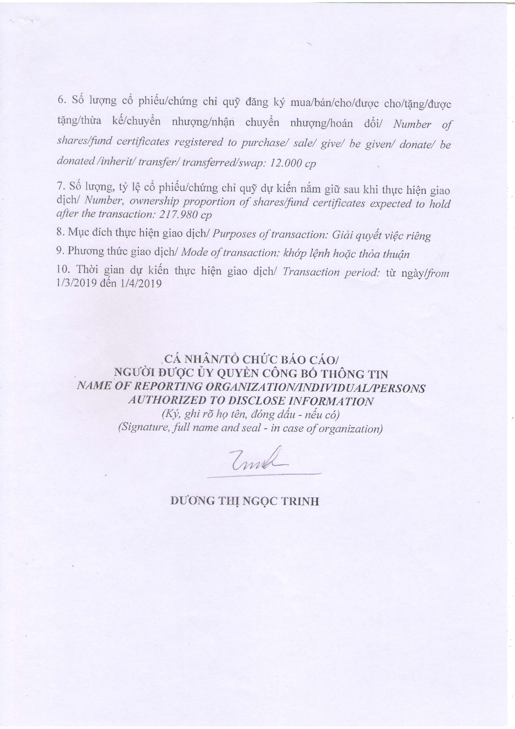Notice of transaction in shares/fund certificates of internal person of public company, internal person of public fund and related persons of internal person 4