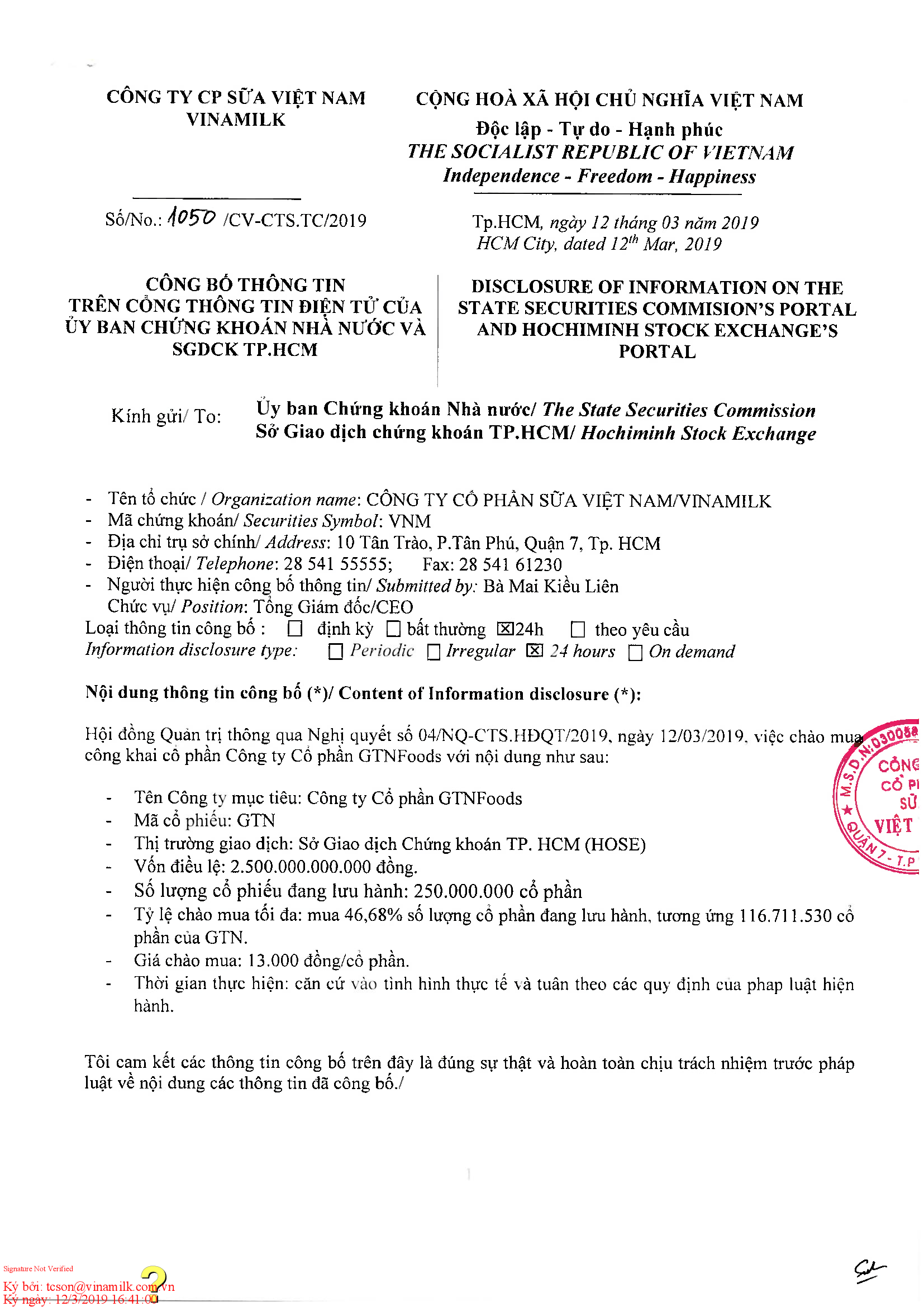 Công bố thông tin nghị quyết HĐQT - Chào mua công khai cổ phiếu GTN 1