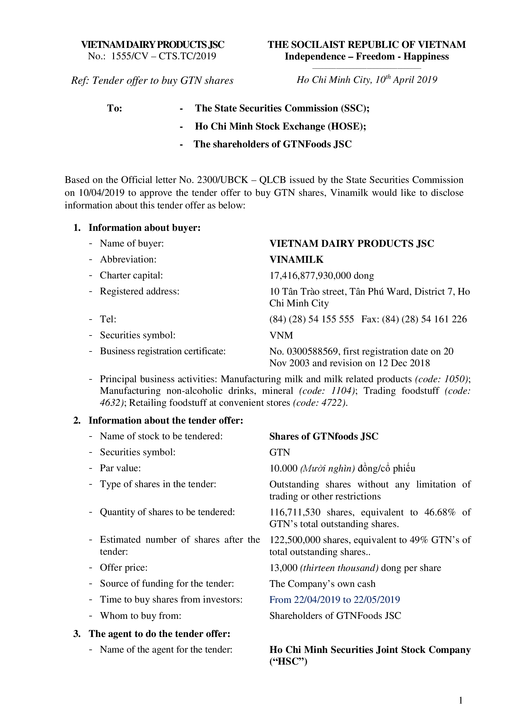 Notice to Public Tender Offer to buy GTN shares 1