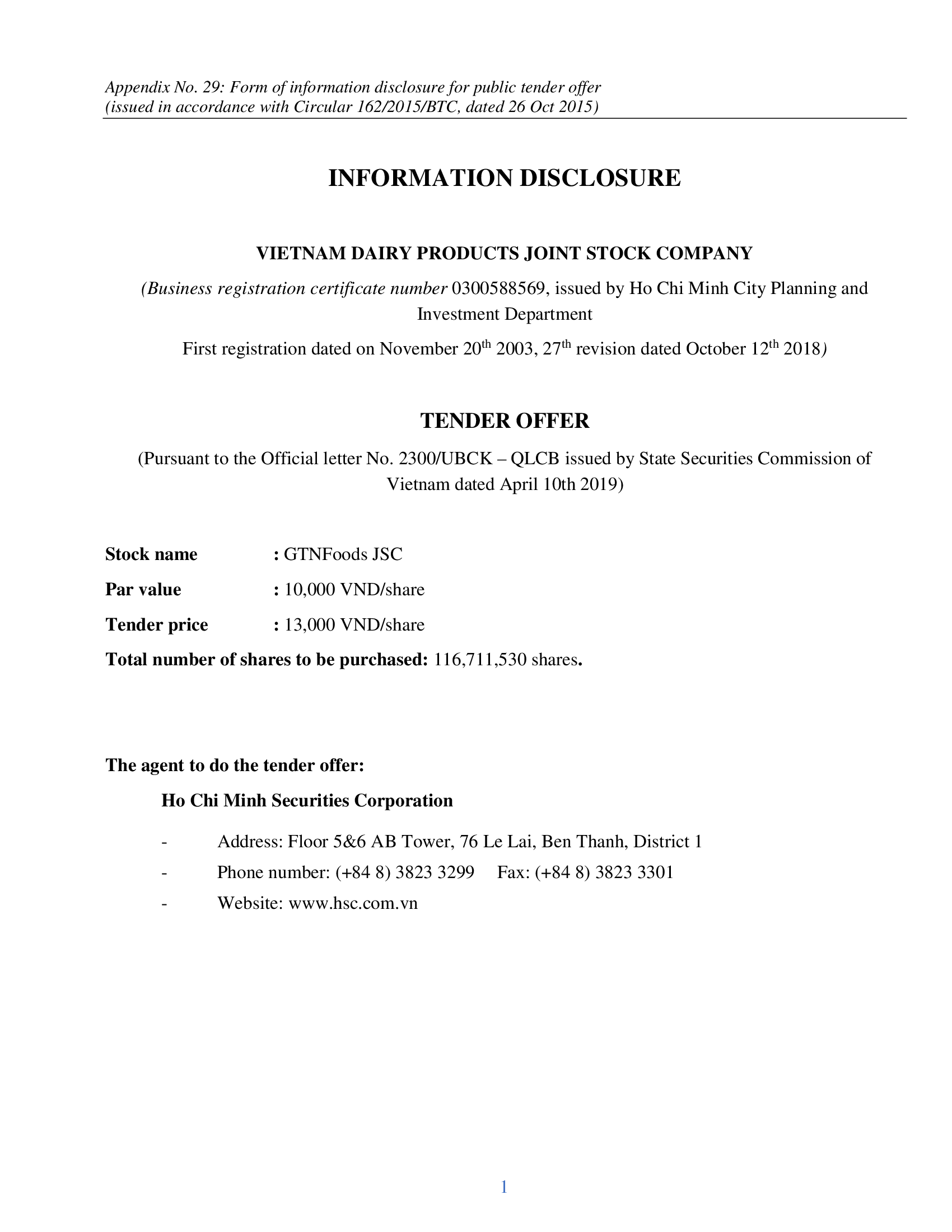 Information Disclosure for Public Tender Offer 1