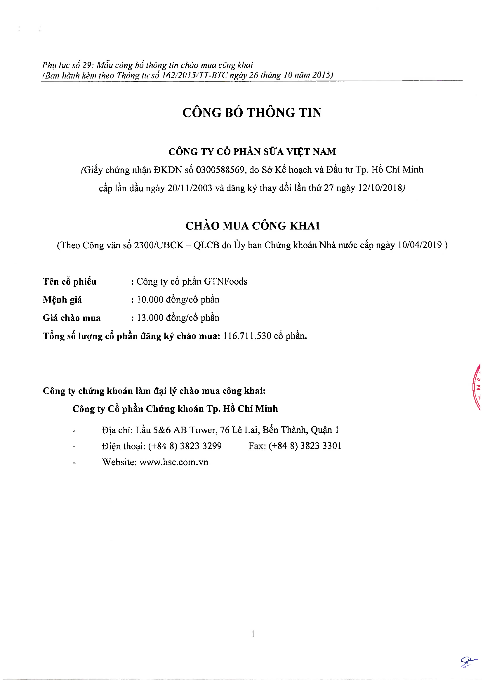 Bản công bố thông tin chào mua công khai 1