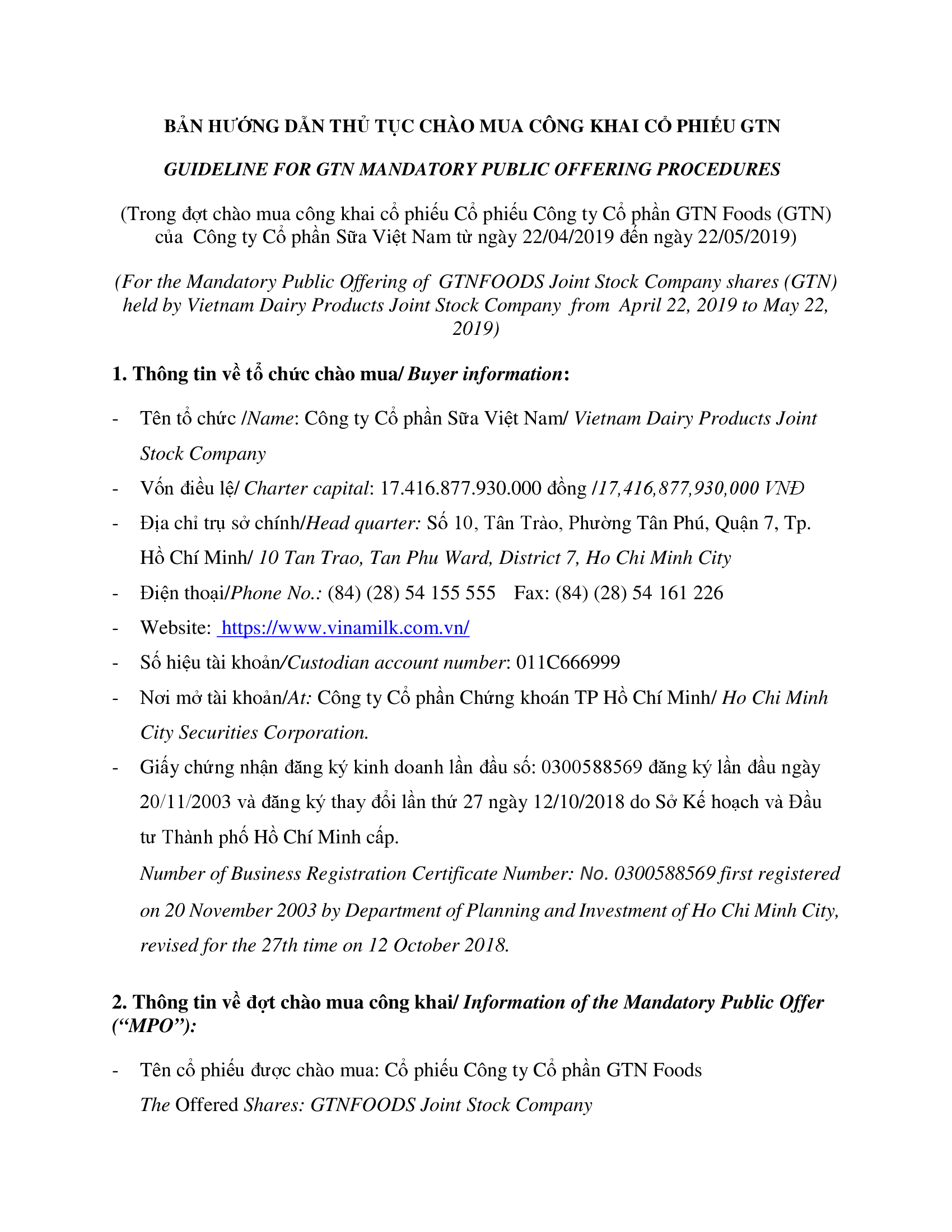 Guidance for public tender offer 1