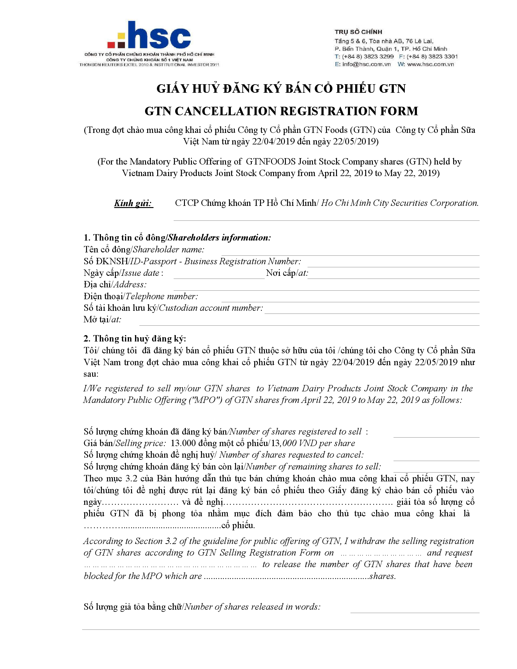 Mẫu hủy đăng ký bán cổ phần của cổ đông 1