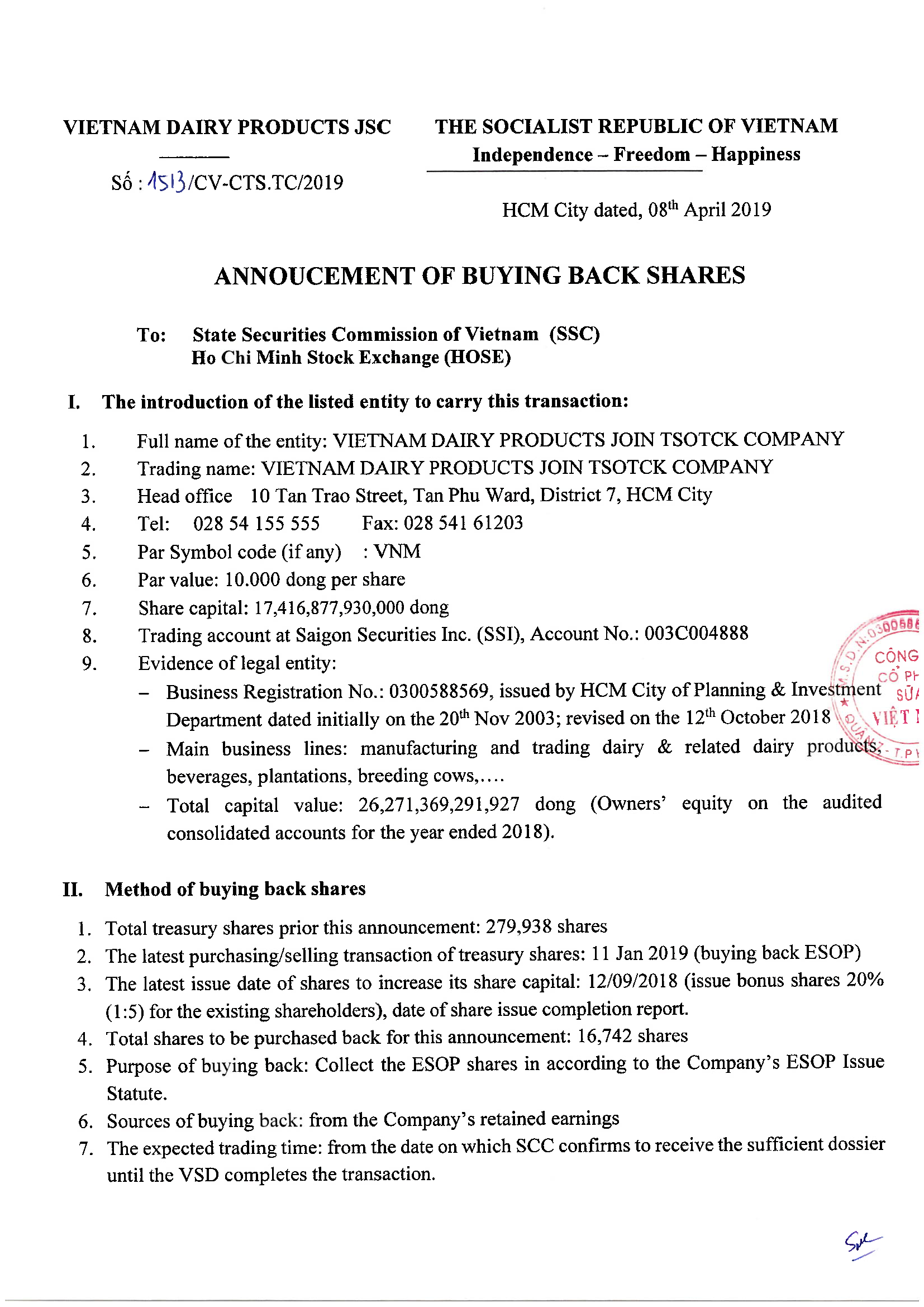 Annoucement of buying back shares 1