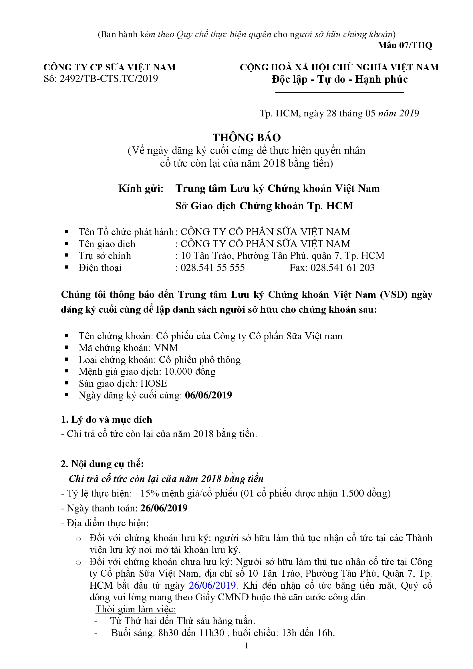 Chốt danh sách cổ đông gửi HOSE và SVD 1