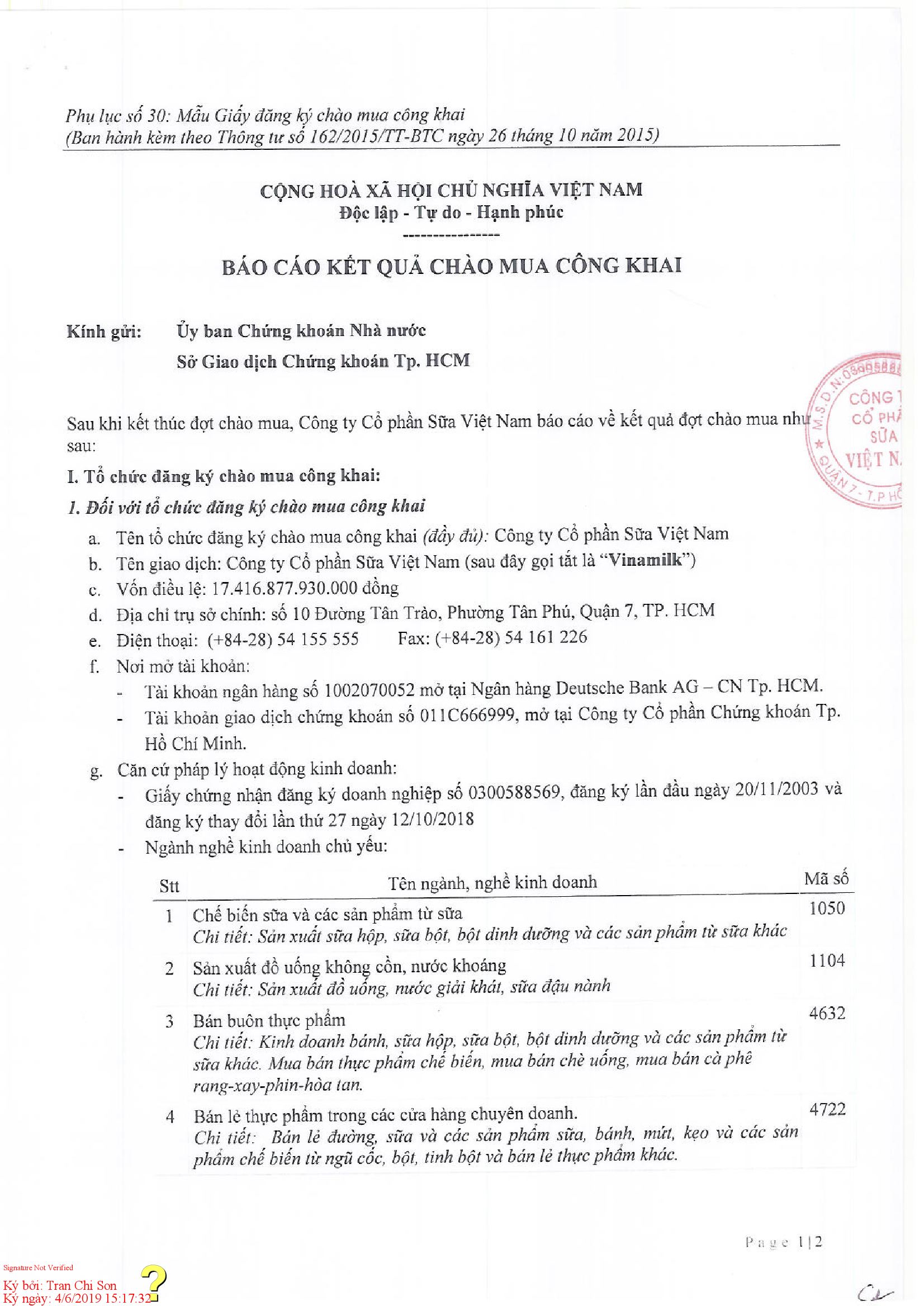 Báo cáo kết quả chào mua công khai GTN 1