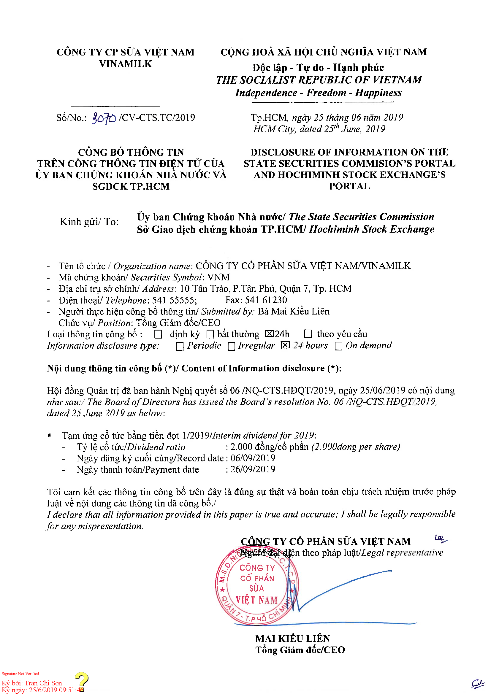 Disclosure of information on change of the first interim divinded payment for 2019 1