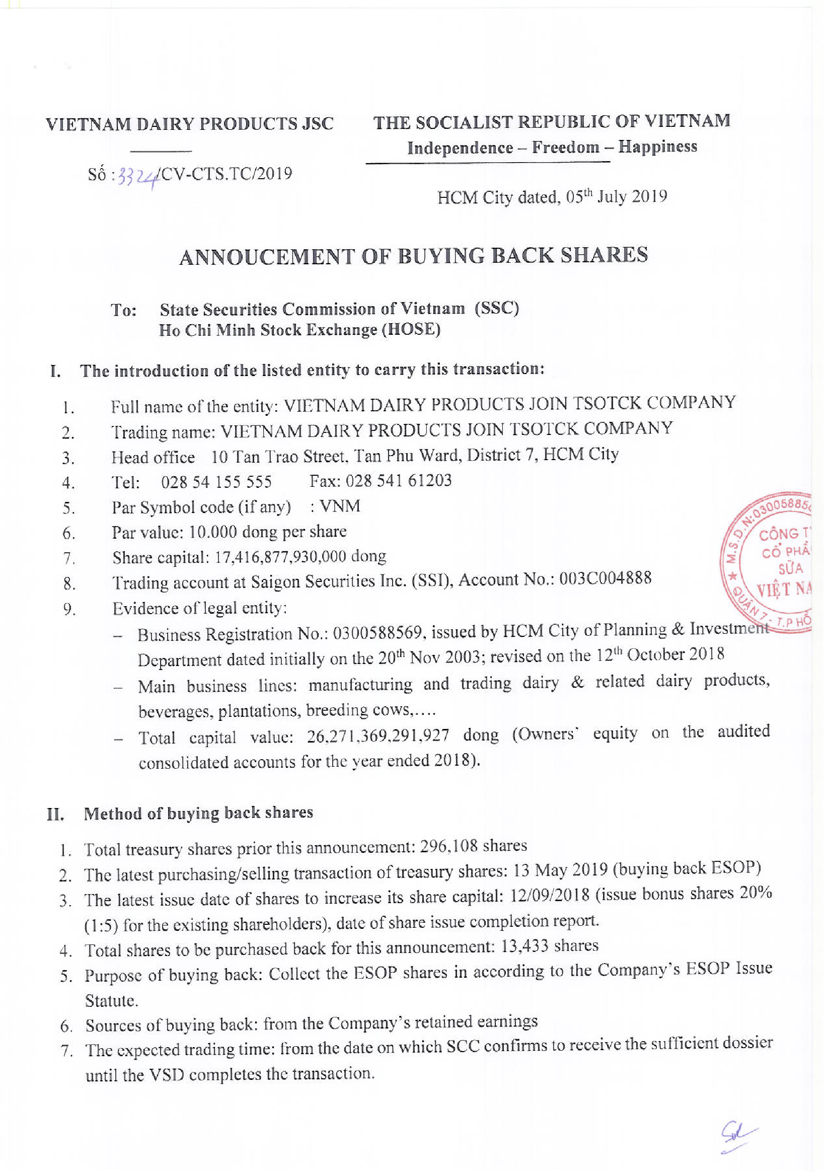 Annoucement of buying back shares 1