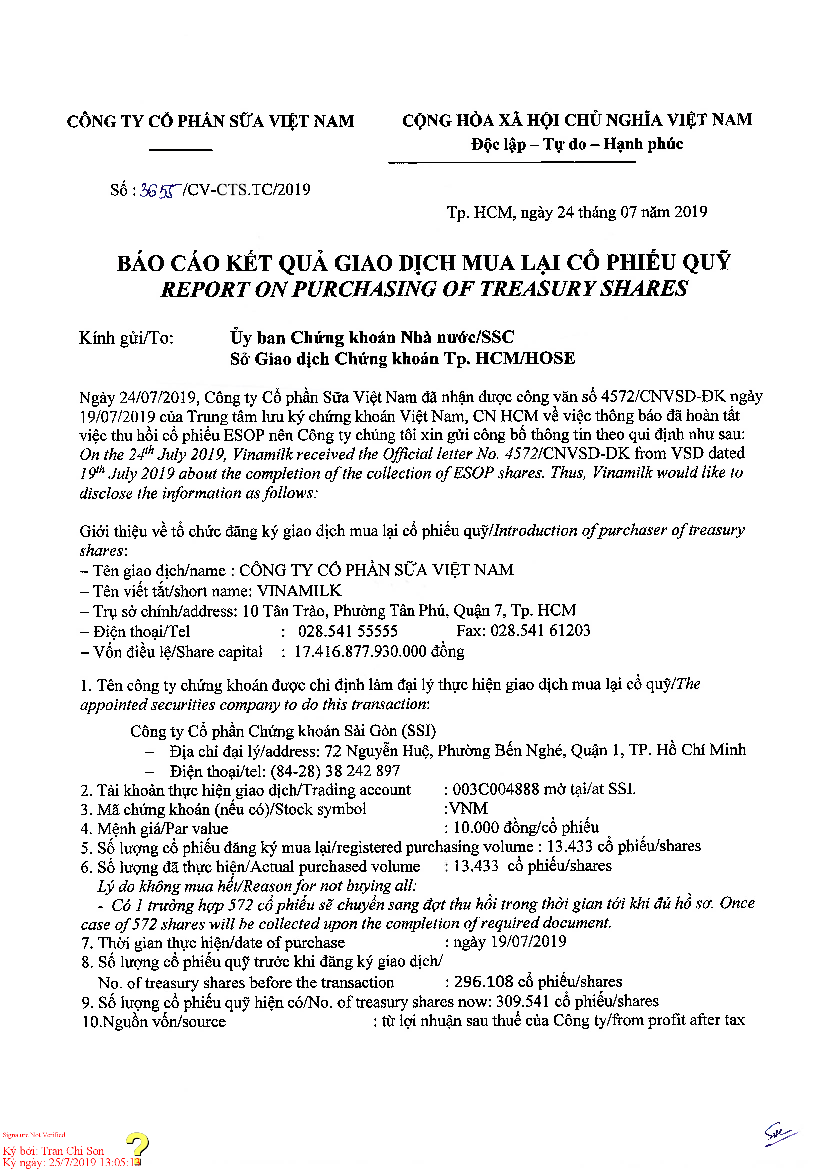 Report on purchasing of treasury shares 1