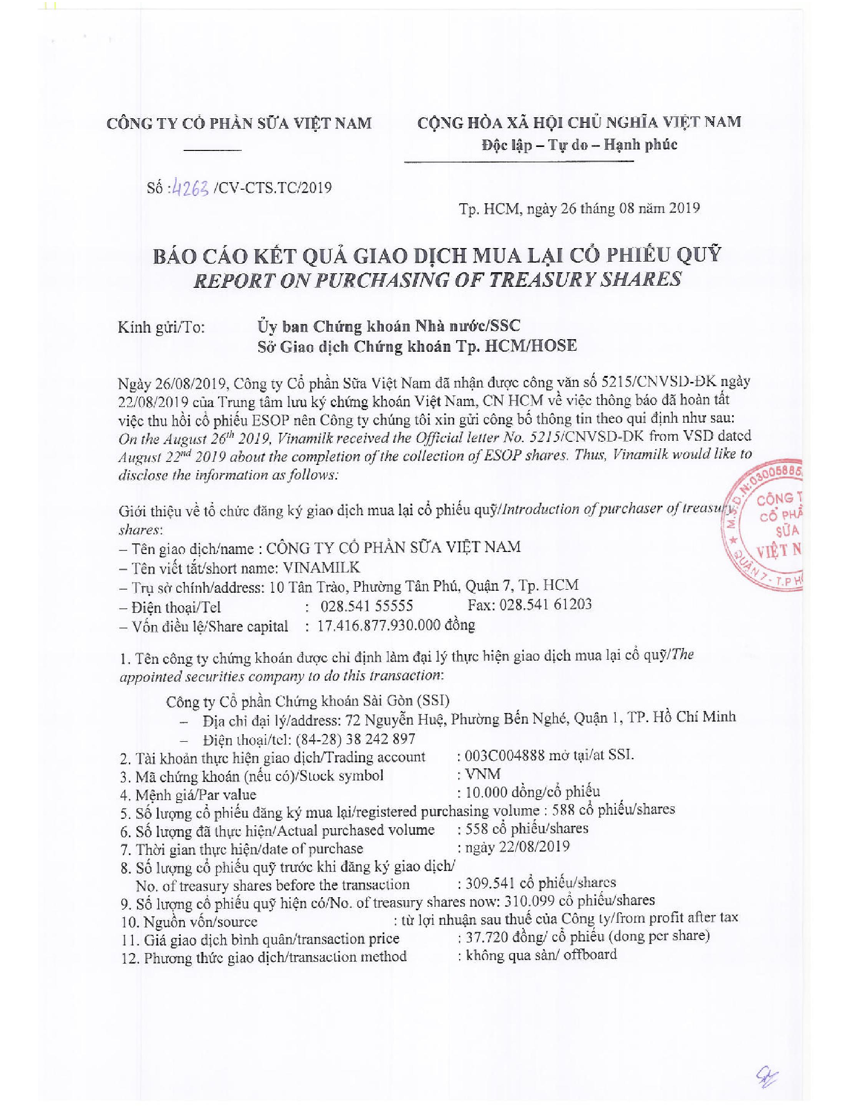 Report on purchasing of treasury shares 1