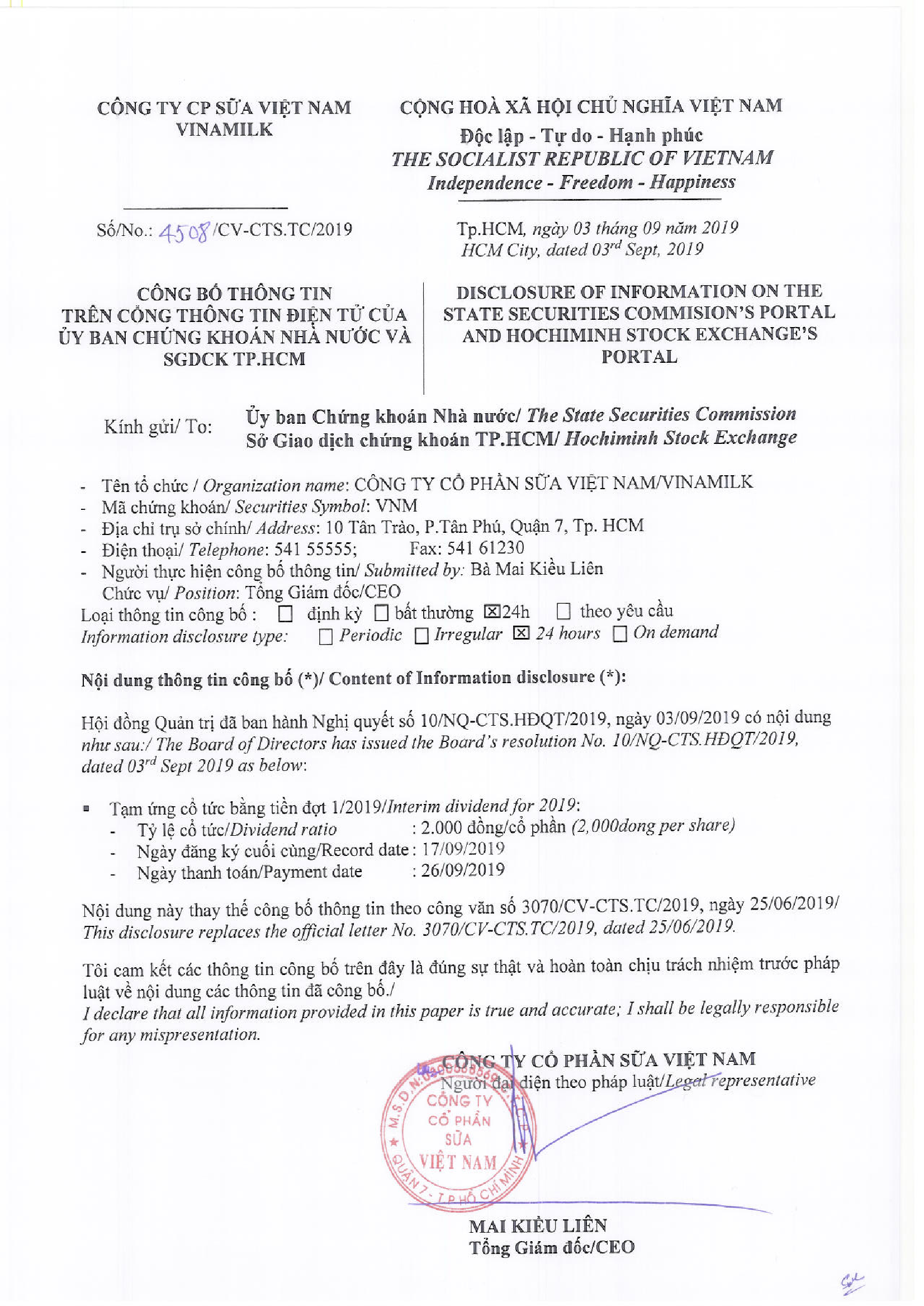 Công bố thông tin về Tạm ứng cổ tức đợt 1 1