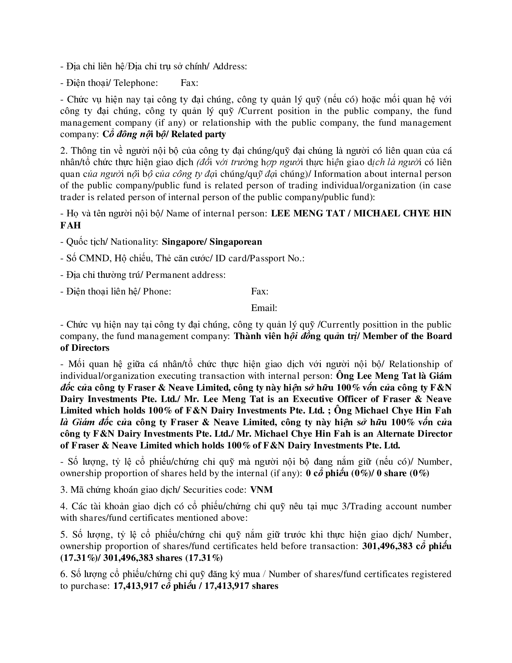 Báo cáo kết quả giao dịch cổ phiếu/chứng chỉ quỹ của người nội bộ của công ty đại chúng, người nội bộ của quỹ đại chúng và người có liên quan của người nội bộ 2