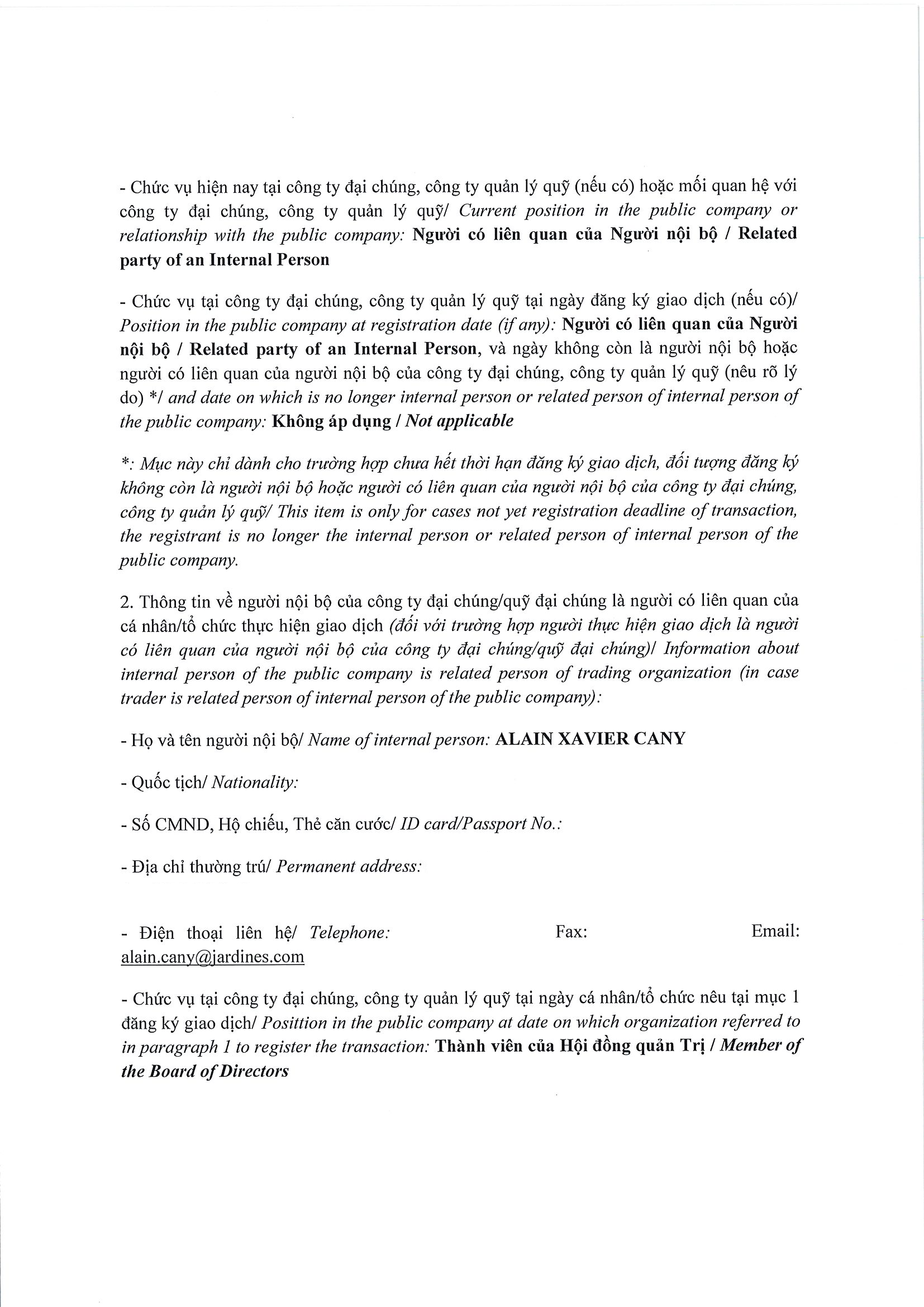 Báo cáo kết quả giao dịch cổ phiếu/chứng chỉ quỹ của người nội bộ của công ty đại chúng, người nội bộ của quỹ đại chúng và người có liên quan của người nội bộ 2