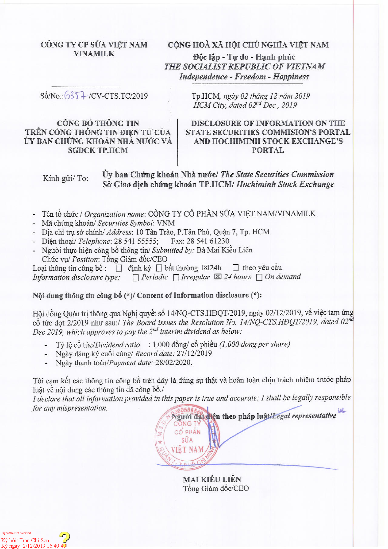 Board's resolution about 2nd Interim dividend 2019. 1