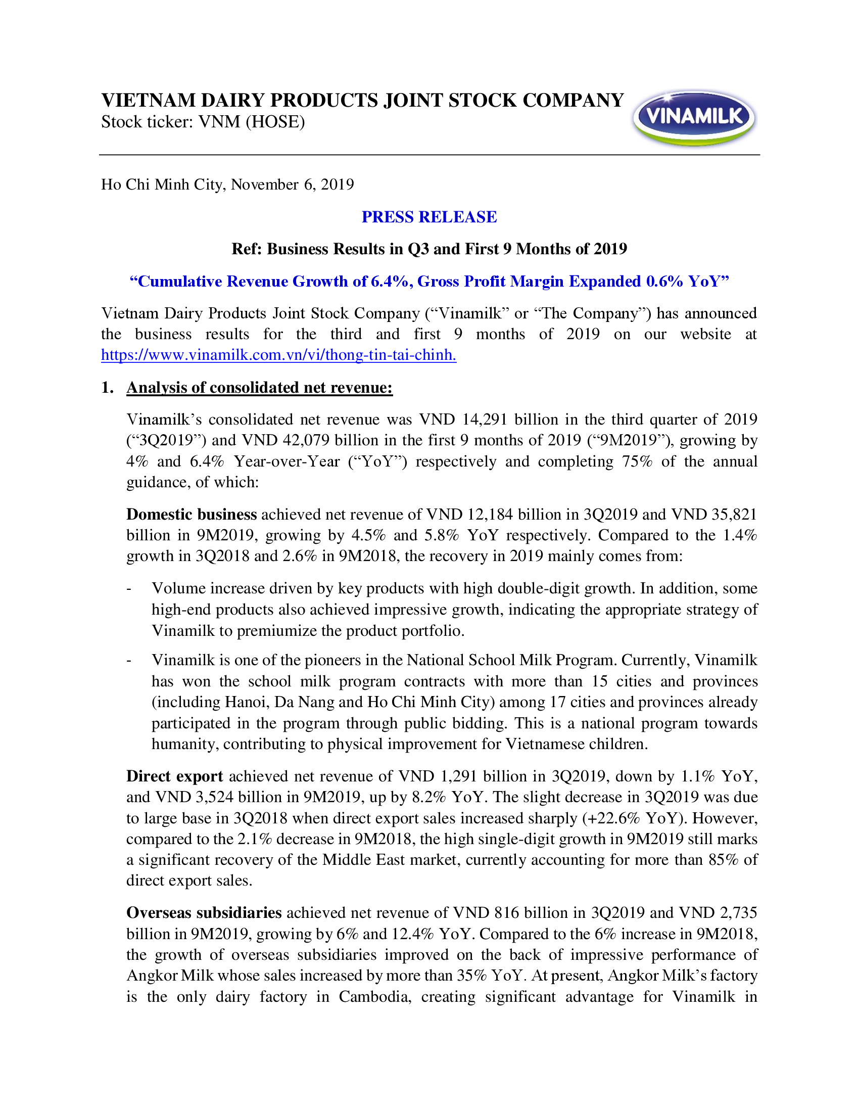 Business results in Q3 and first 9 Months of 2019 1