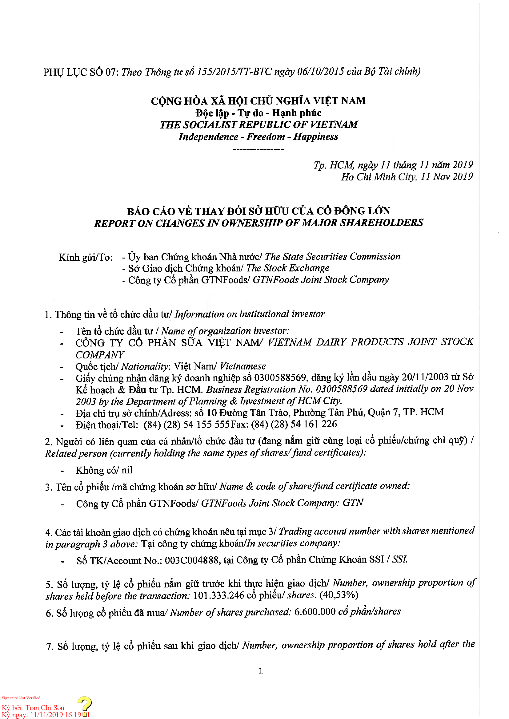 Report on changes in ownership of major shareholder 1