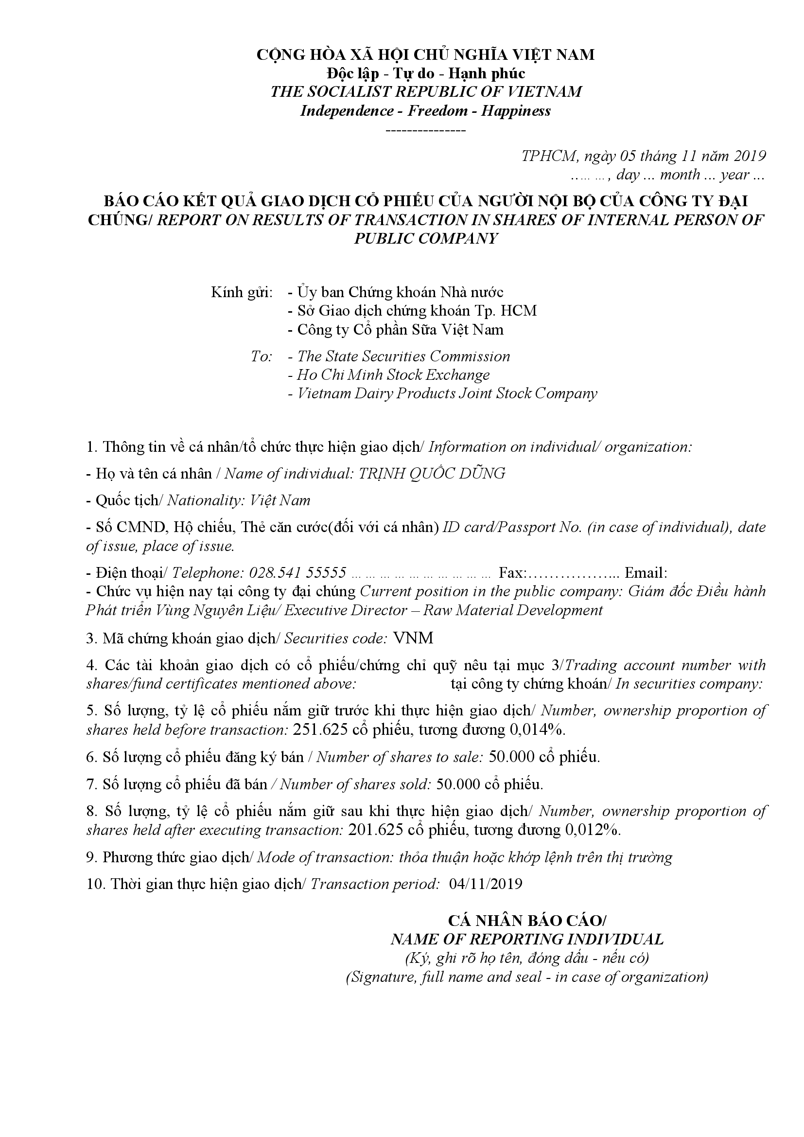 Report on results of transaction in shares of internal person of public company 1