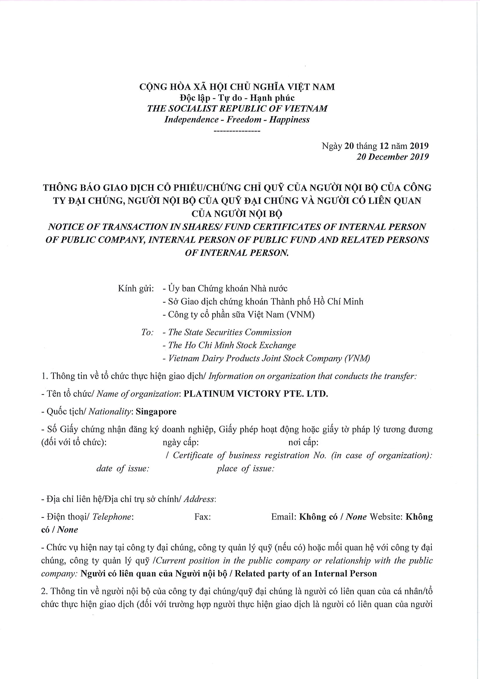 Notice of transaction in shares/fund certificates of internal person of public company, internal person of public fund and related persons of internal person from PLATINUM VICTORY PTE. LTD. 1