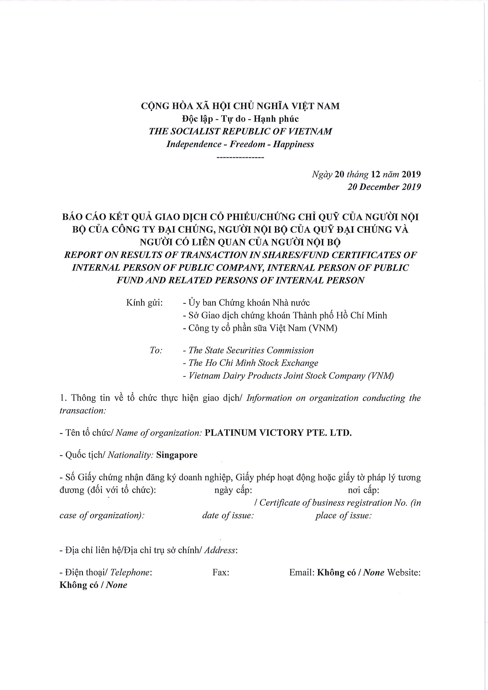 Report on results of transaction in shares/fund certificates of internal person of public company, internal person of public fund and related persons of internal person from PLATINUM VICTORY PTE. LTD. 1