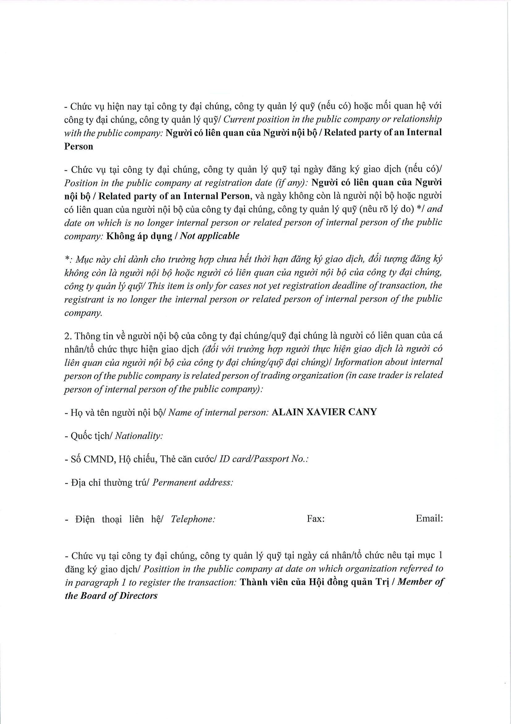 Report on results of transaction in shares/fund certificates of internal person of public company, internal person of public fund and related persons of internal person from PLATINUM VICTORY PTE. LTD. 2
