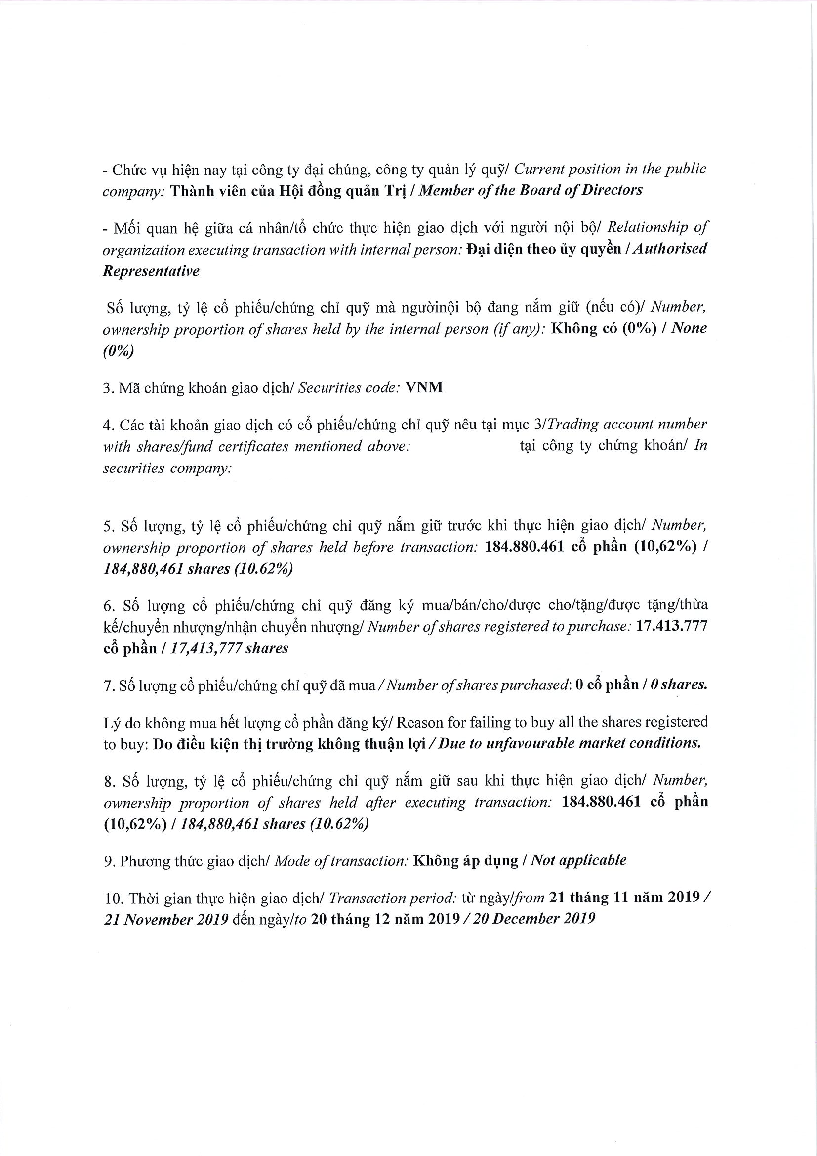Report on results of transaction in shares/fund certificates of internal person of public company, internal person of public fund and related persons of internal person from PLATINUM VICTORY PTE. LTD. 3