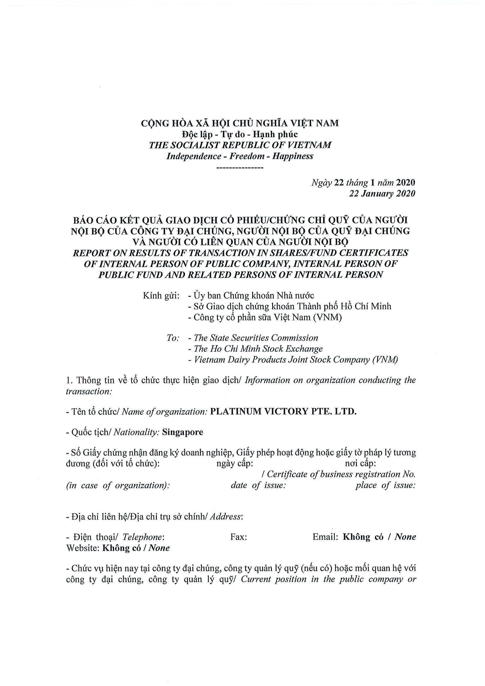 Report on results of transaction in shares/fund certificates of internal person of public company, internal person of public fund and related persons of internal person from PLATINUM VICTORY PTE. LTD. 1