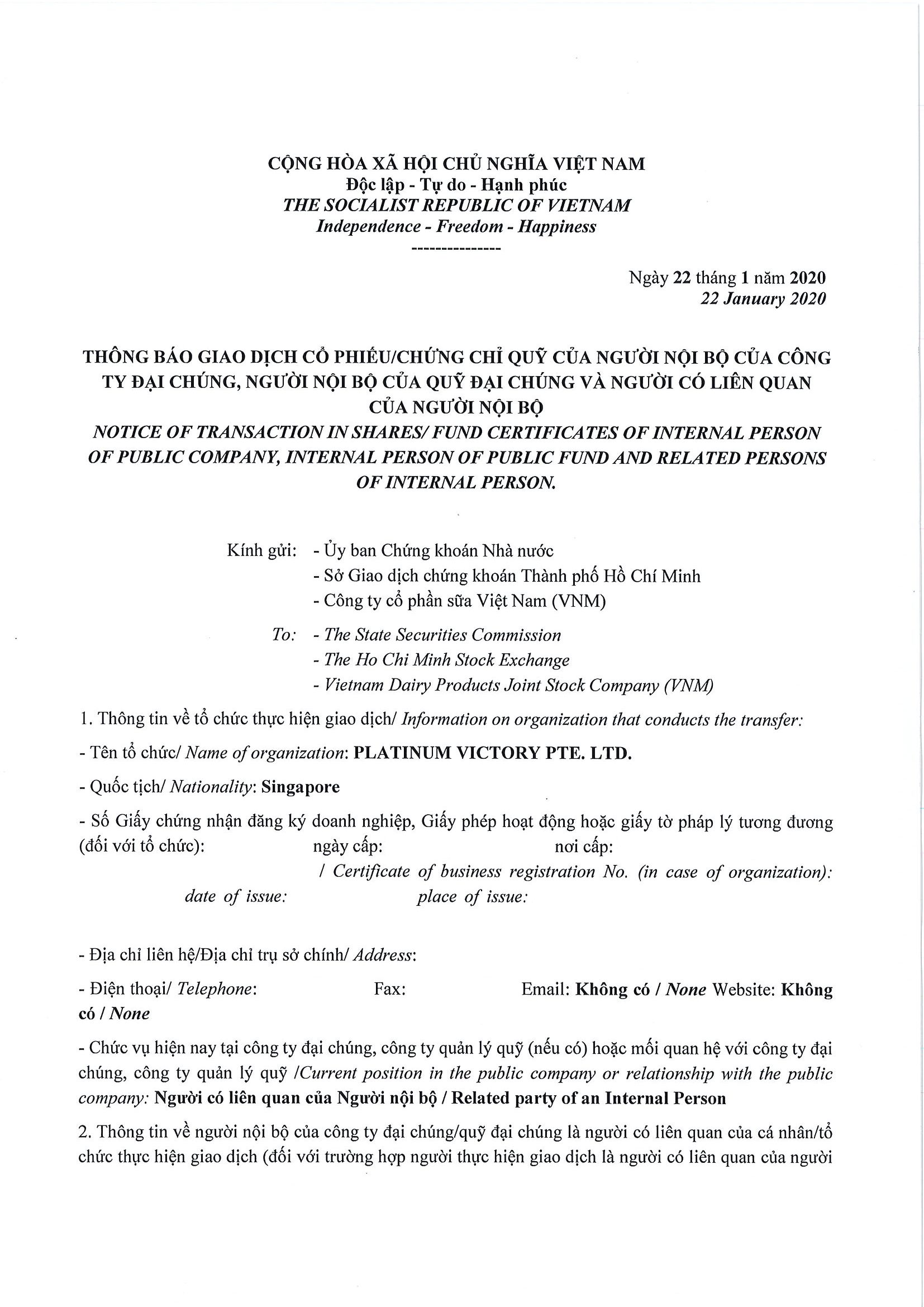 Notice of transaction in shares/fund certificates of internal person of public company, internal person of public fund and related persons of internal person from PLATINUM VICTORY PTE. LTD. 1