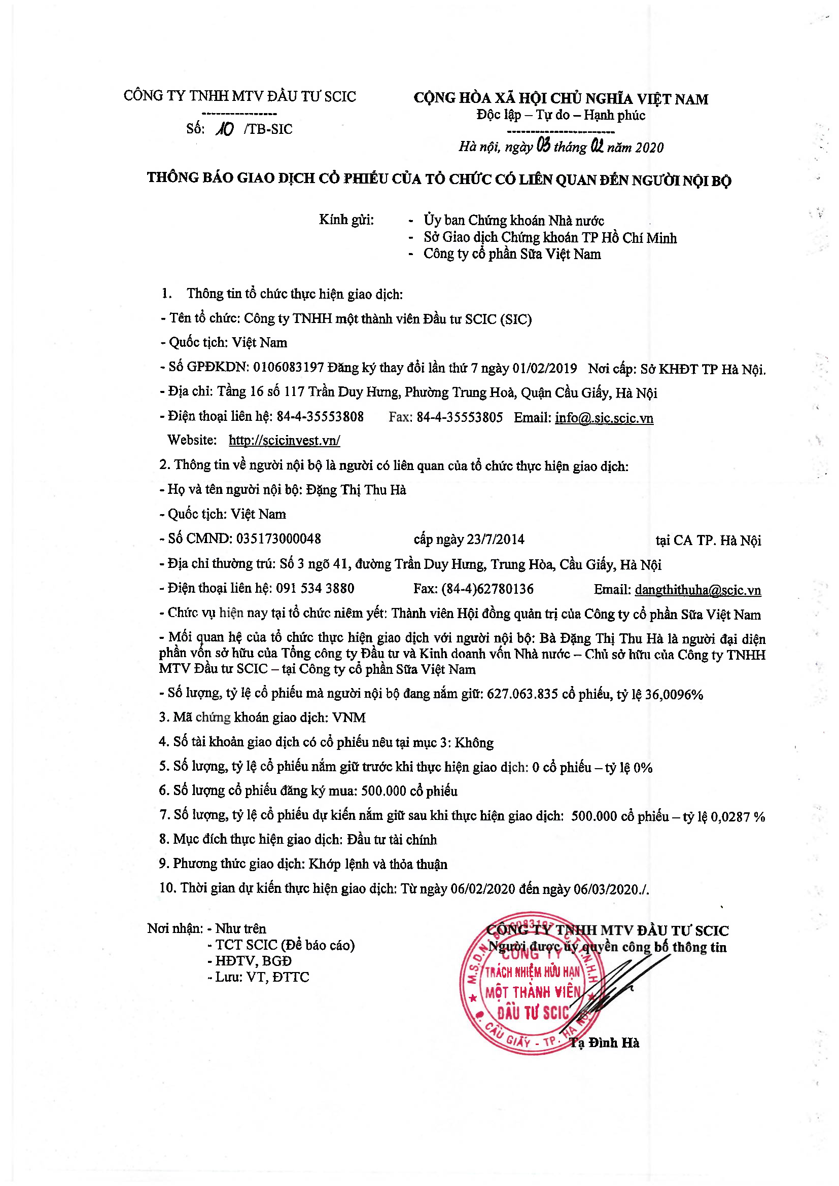 Thông báo giao dịch cổ phiếu của tổ chức có liên quan đến người nội bộ 1