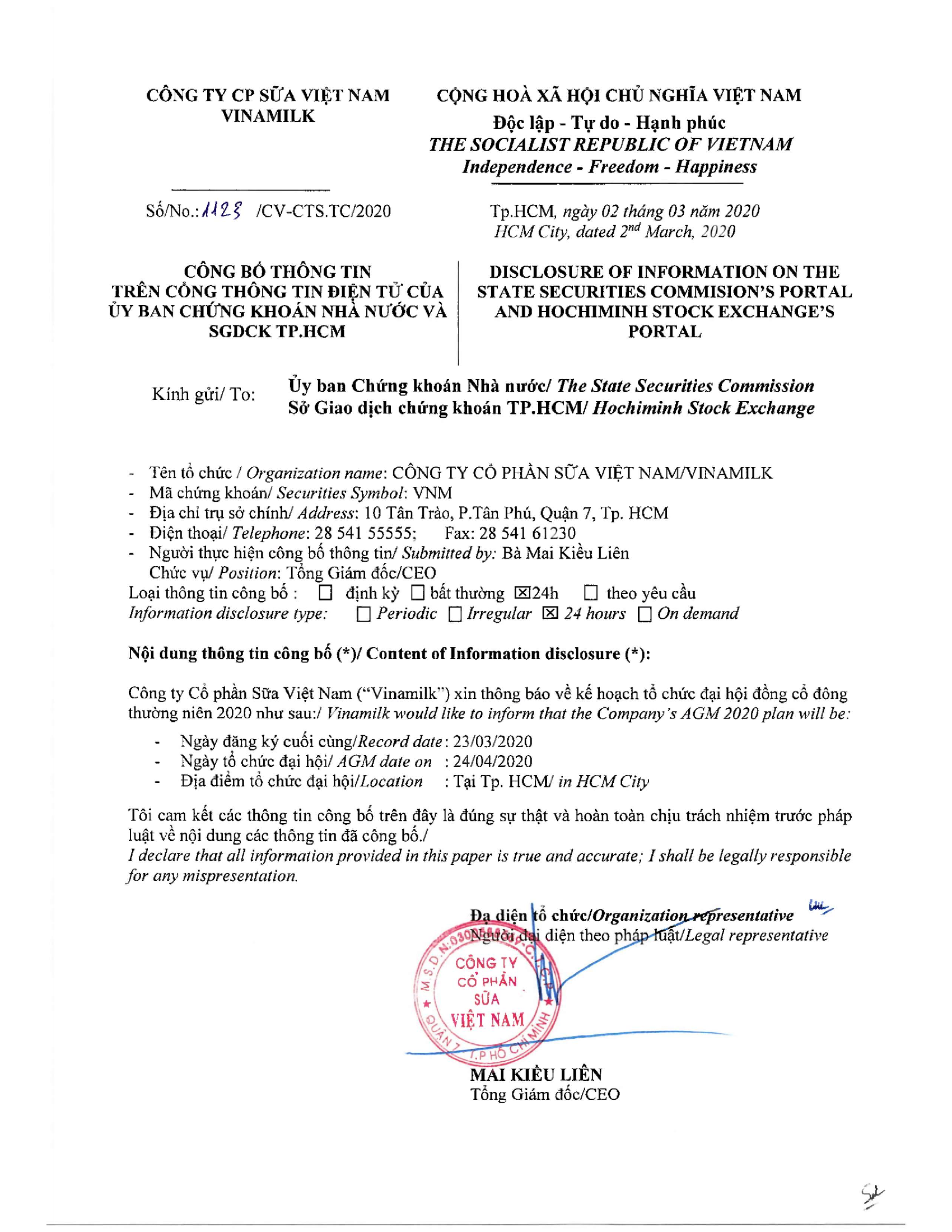 Thông báo ngày tổ chức ĐHĐCĐ thường niên 2020 1