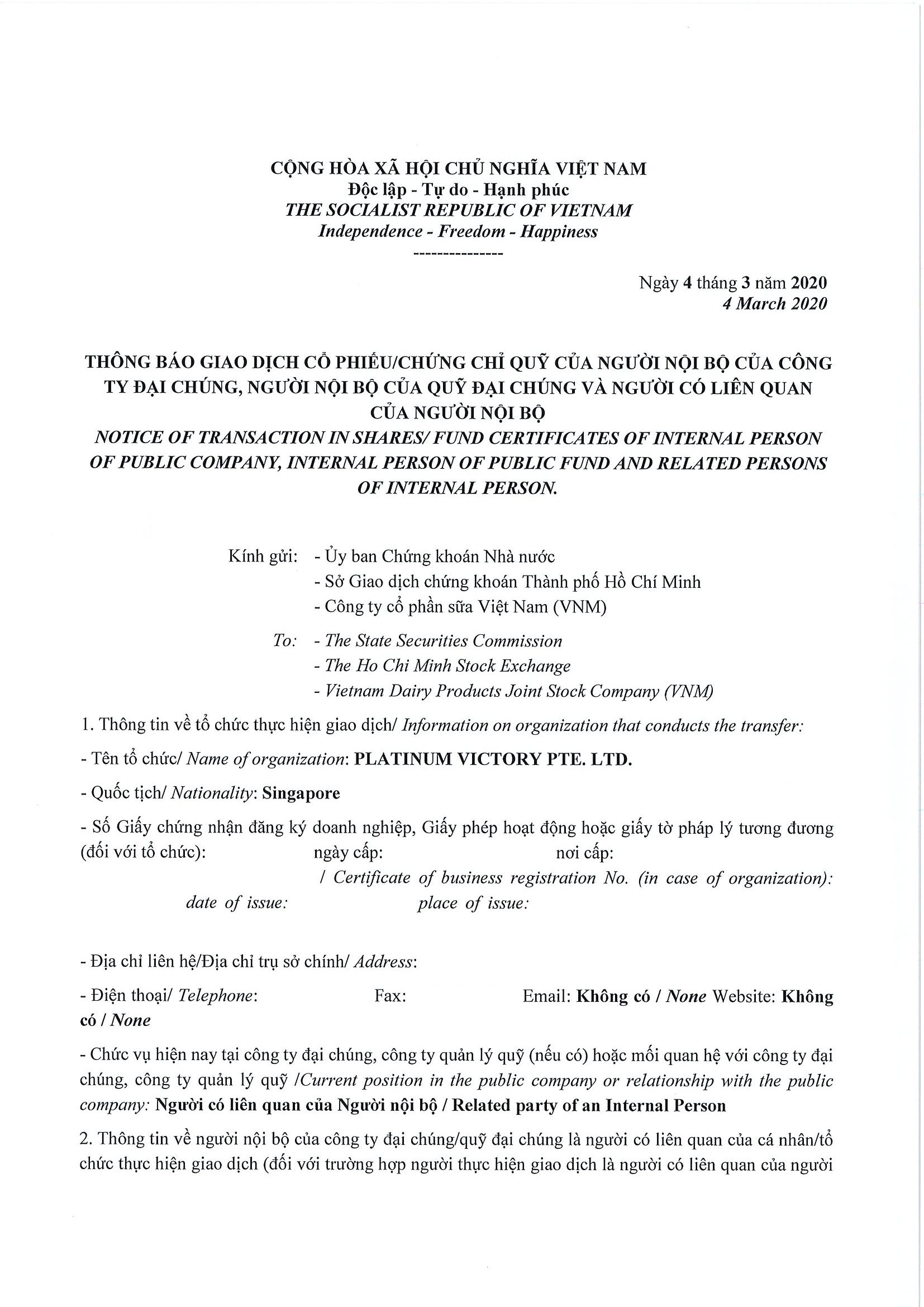Notice of transaction in shares/fund certificates of internal person of public company, internal person of public fund and related persons of internal person from PLATINUM VICTORY PTE. LTD. 1