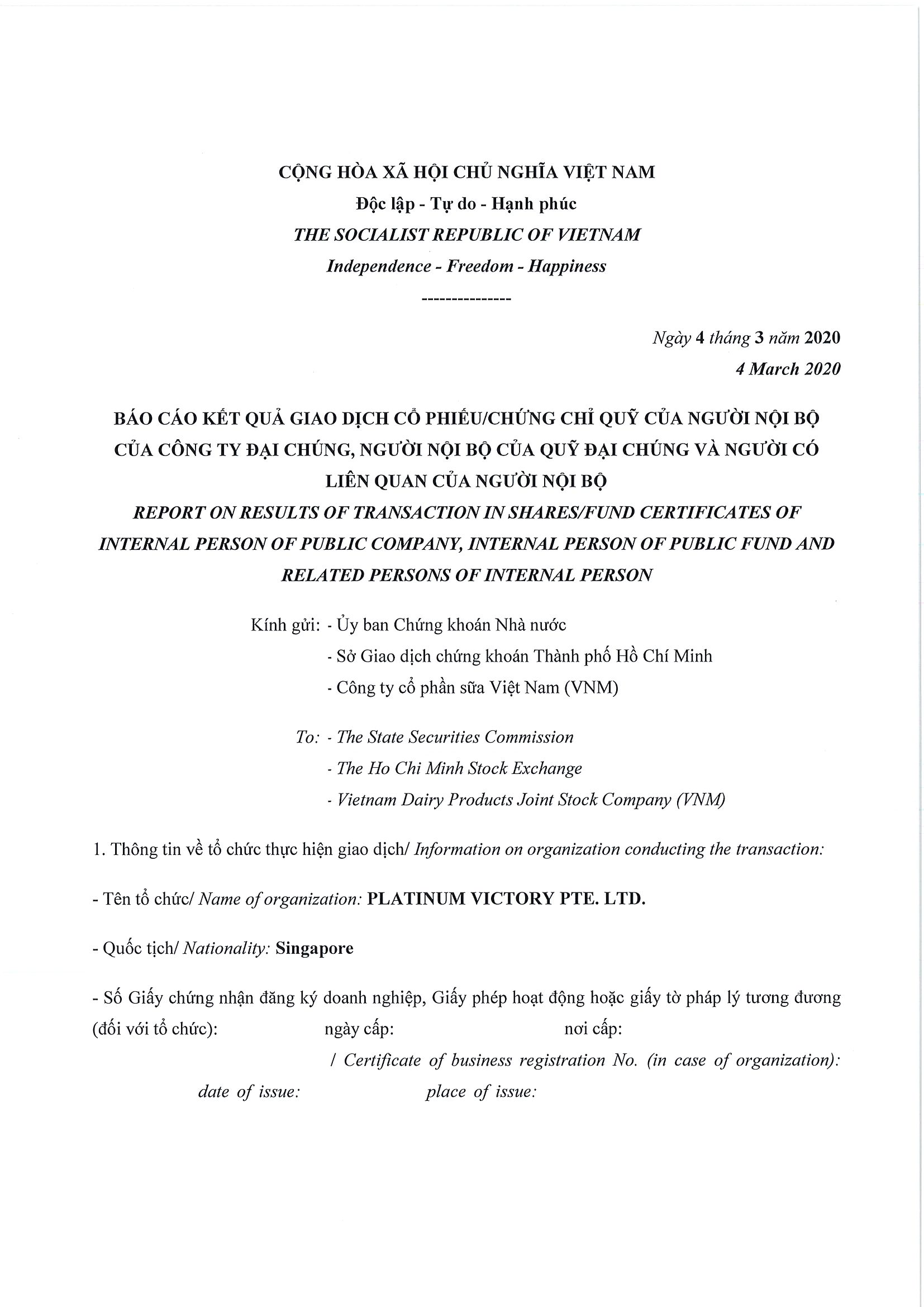 Report on results of transaction in shares/fund certificates of internal person of public company, internal person of public fund and related persons of internal person from PLATINUM VICTORY PTE. LTD. 1