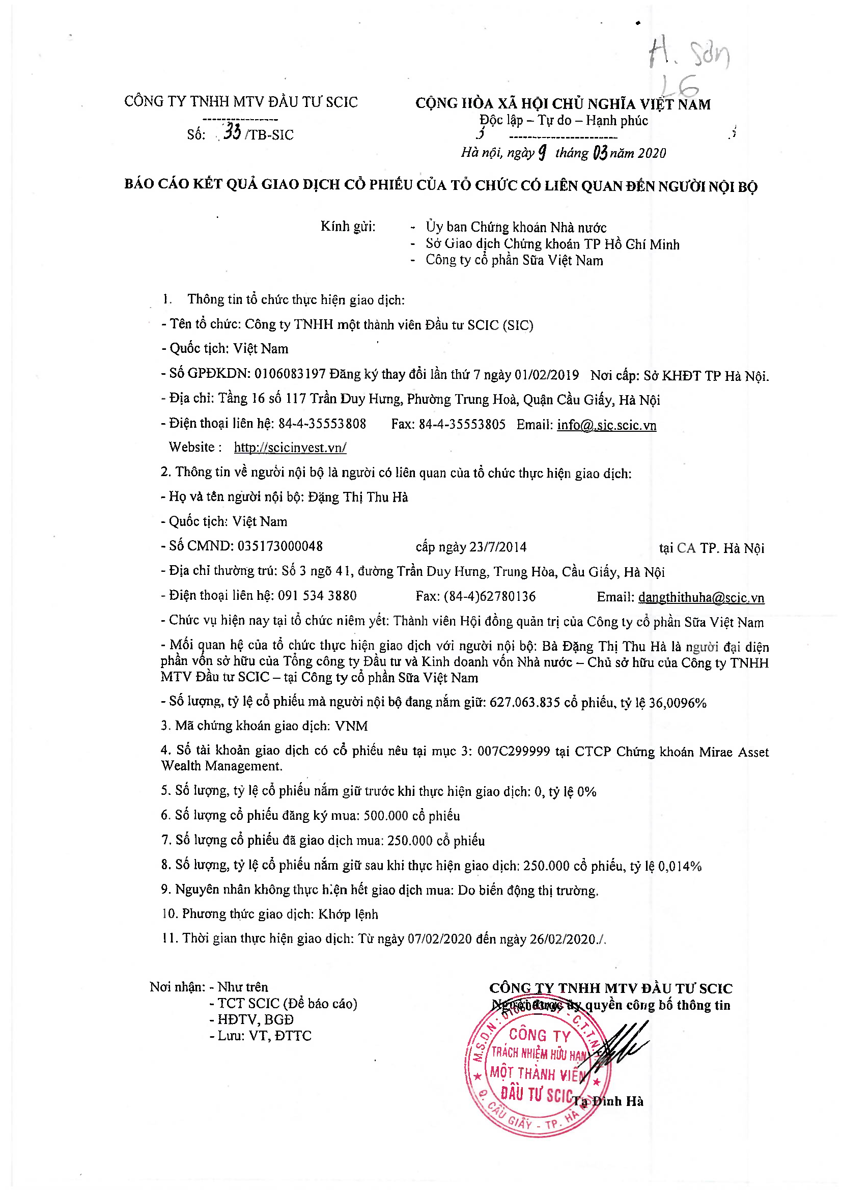 Báo cáo kết quả giao dịch cổ phiếu của tổ chức có liên quan đến người nội bộ 1