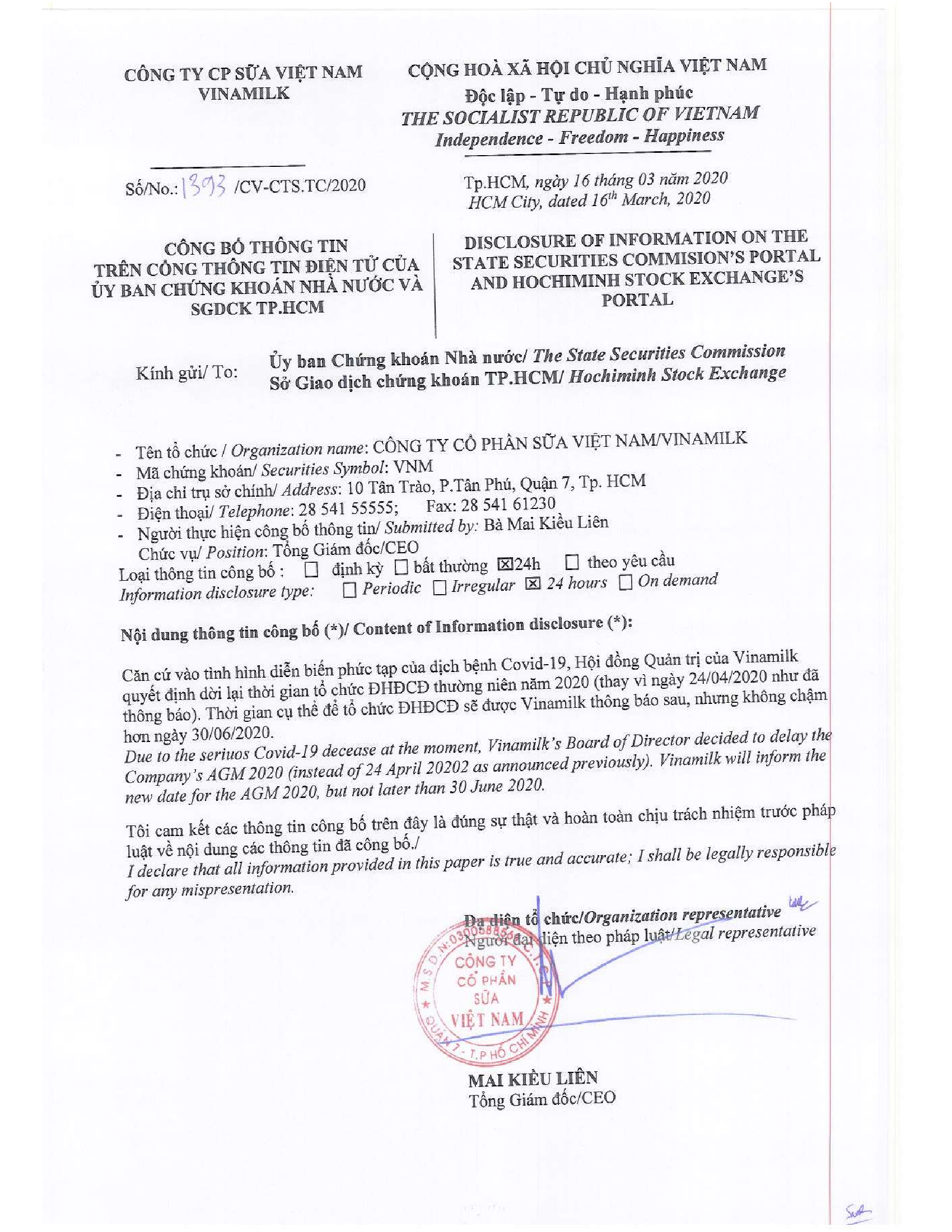 Disclosure of information on delay the AGM 2020 date 1