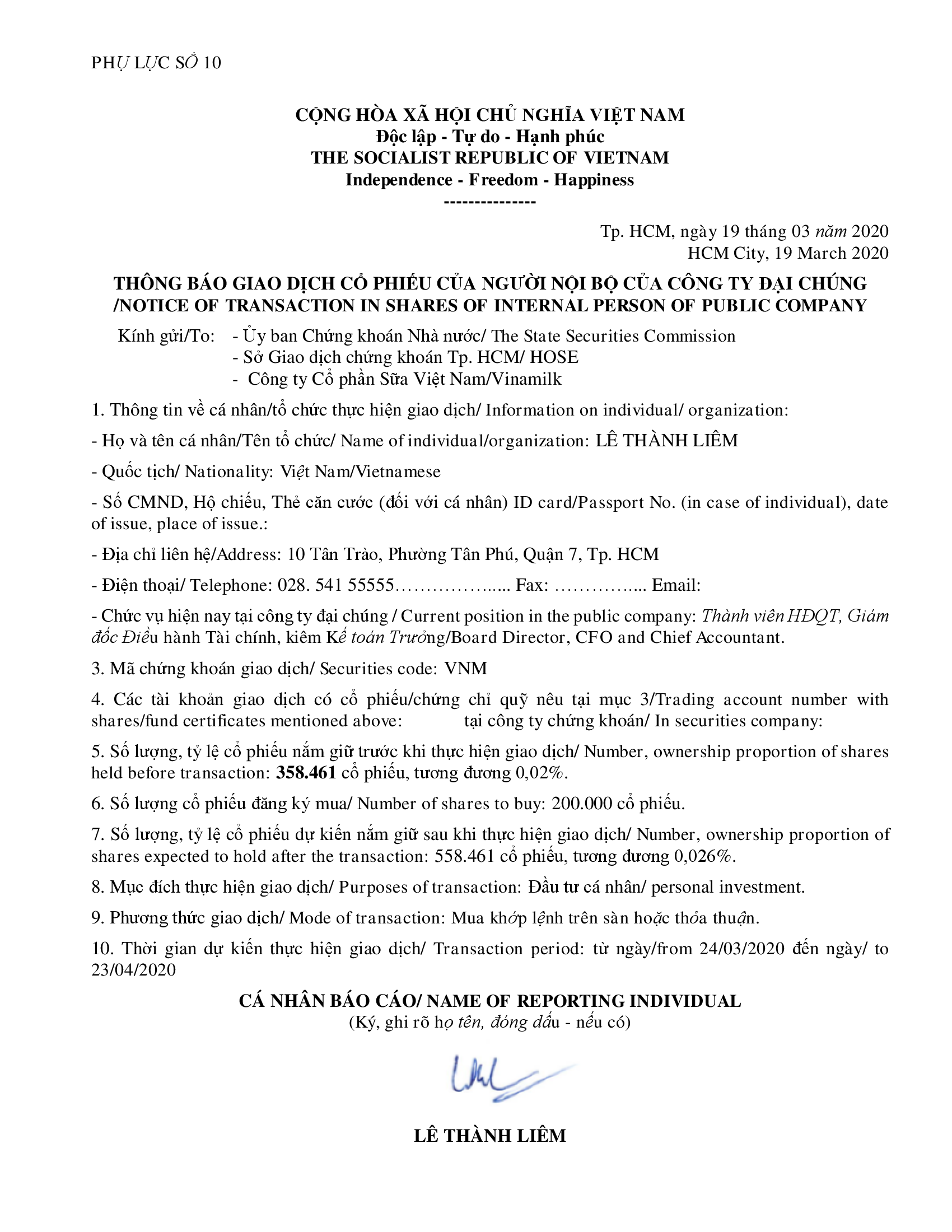 Notice of transaction in shares of internal person of public company 1
