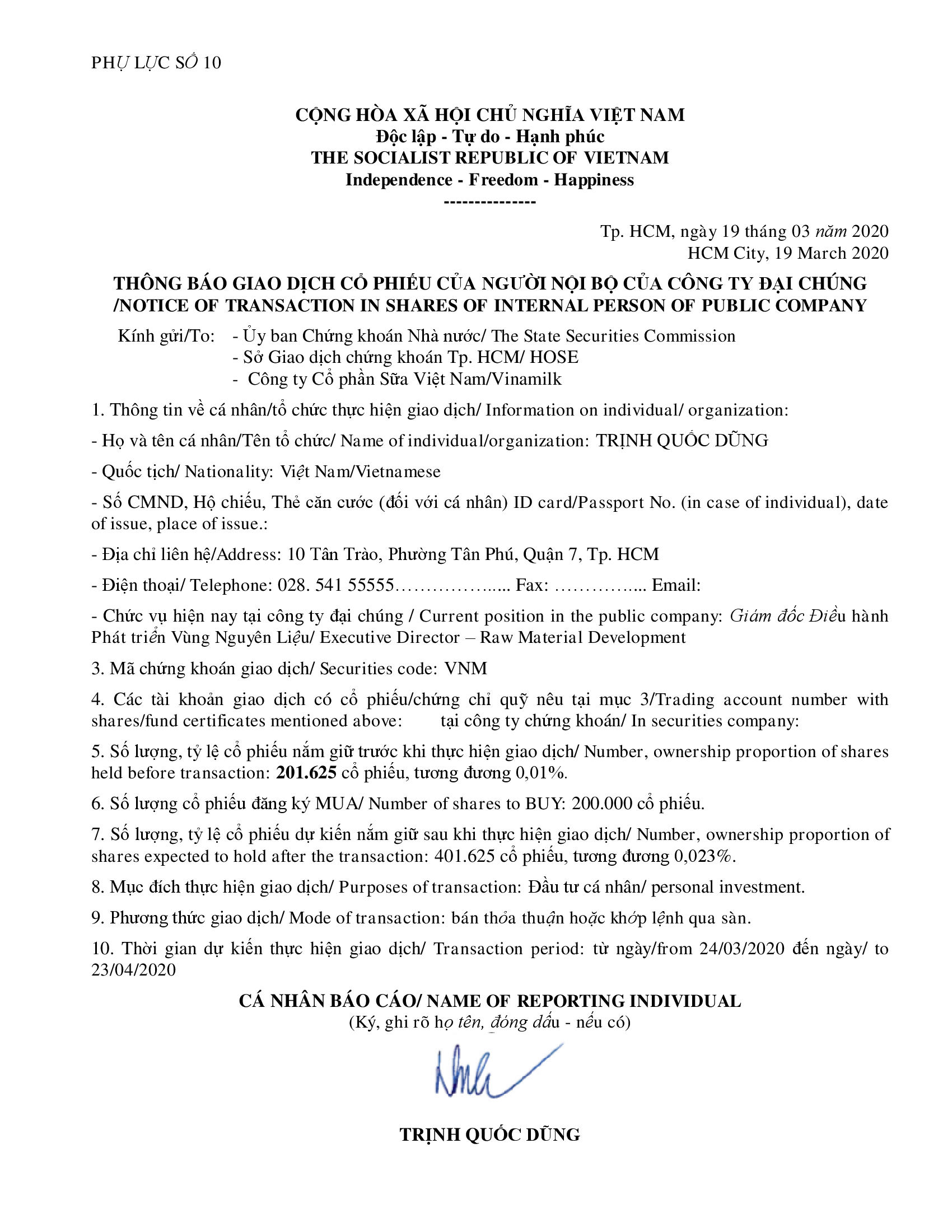 Notice of transaction in shares of internal person of public company 1