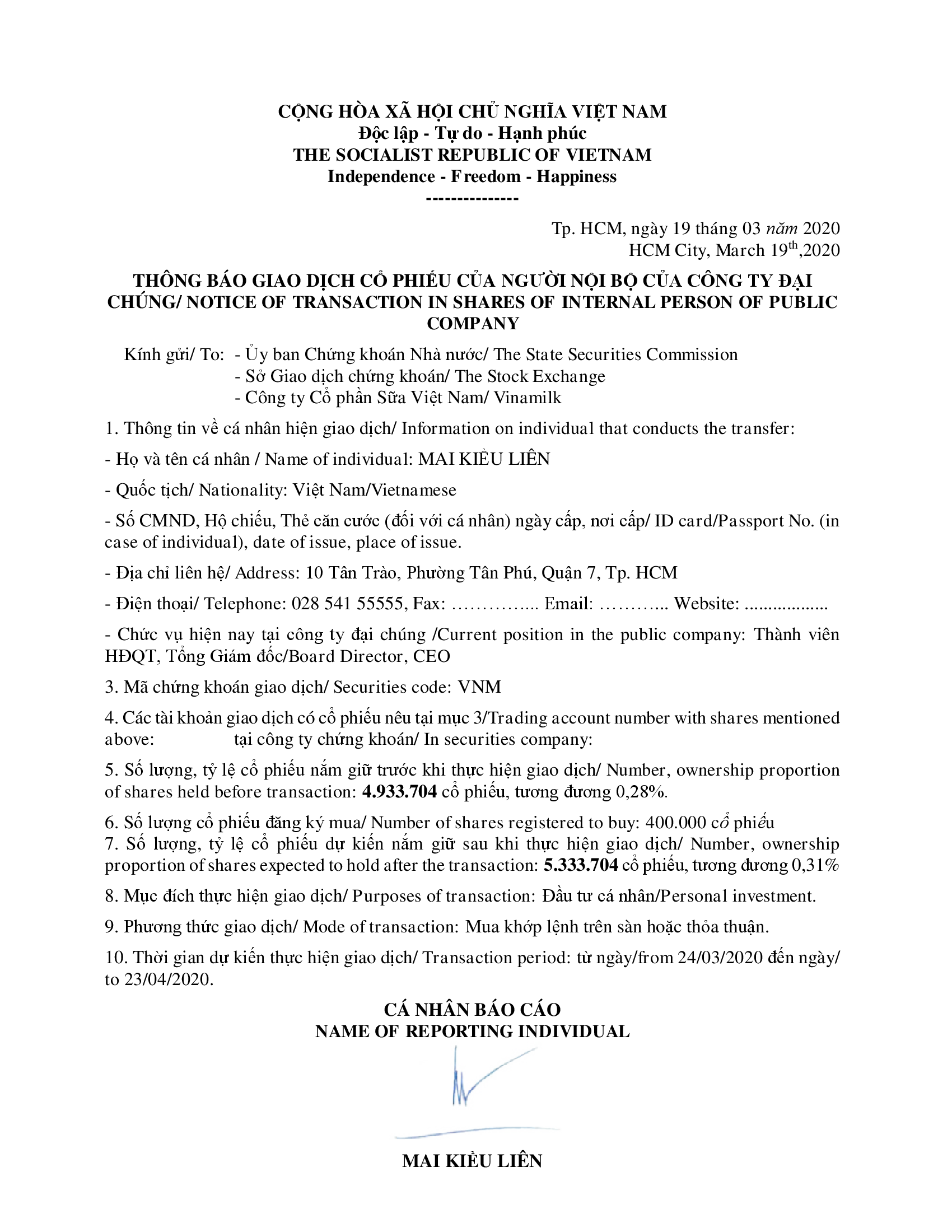 Notice of transaction in shares of internal person of public company 1