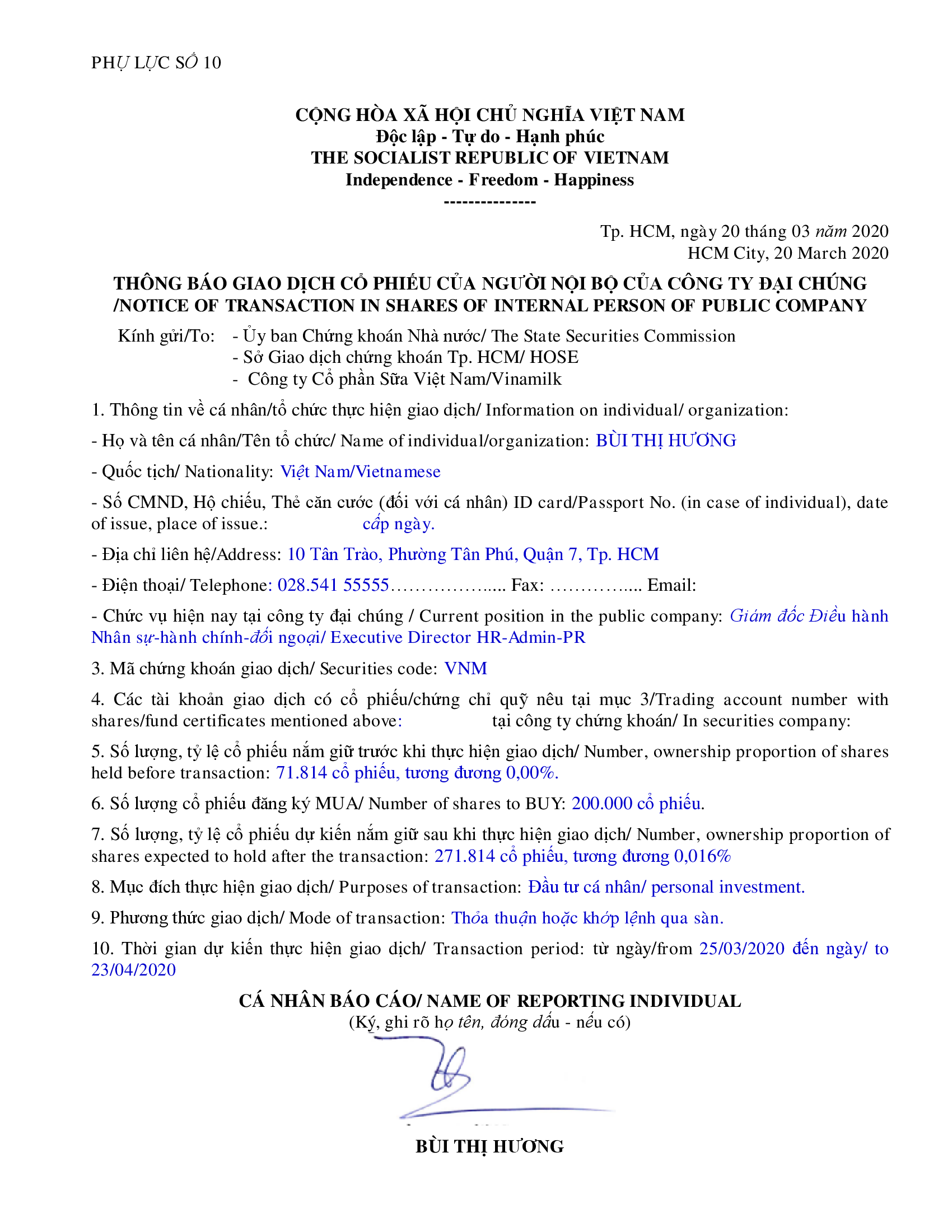 Notice of transaction in shares of internal person of public company 1