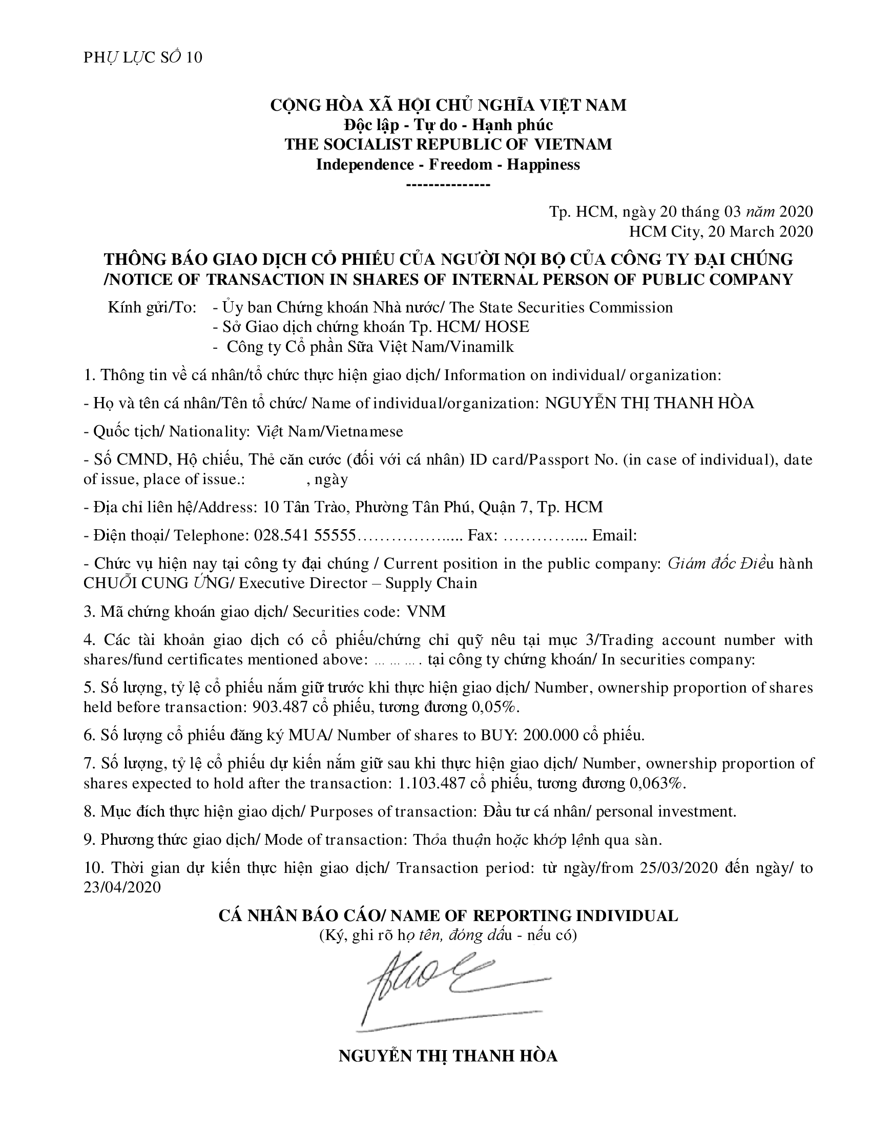 Notice of transaction in shares of internal person of public company 1