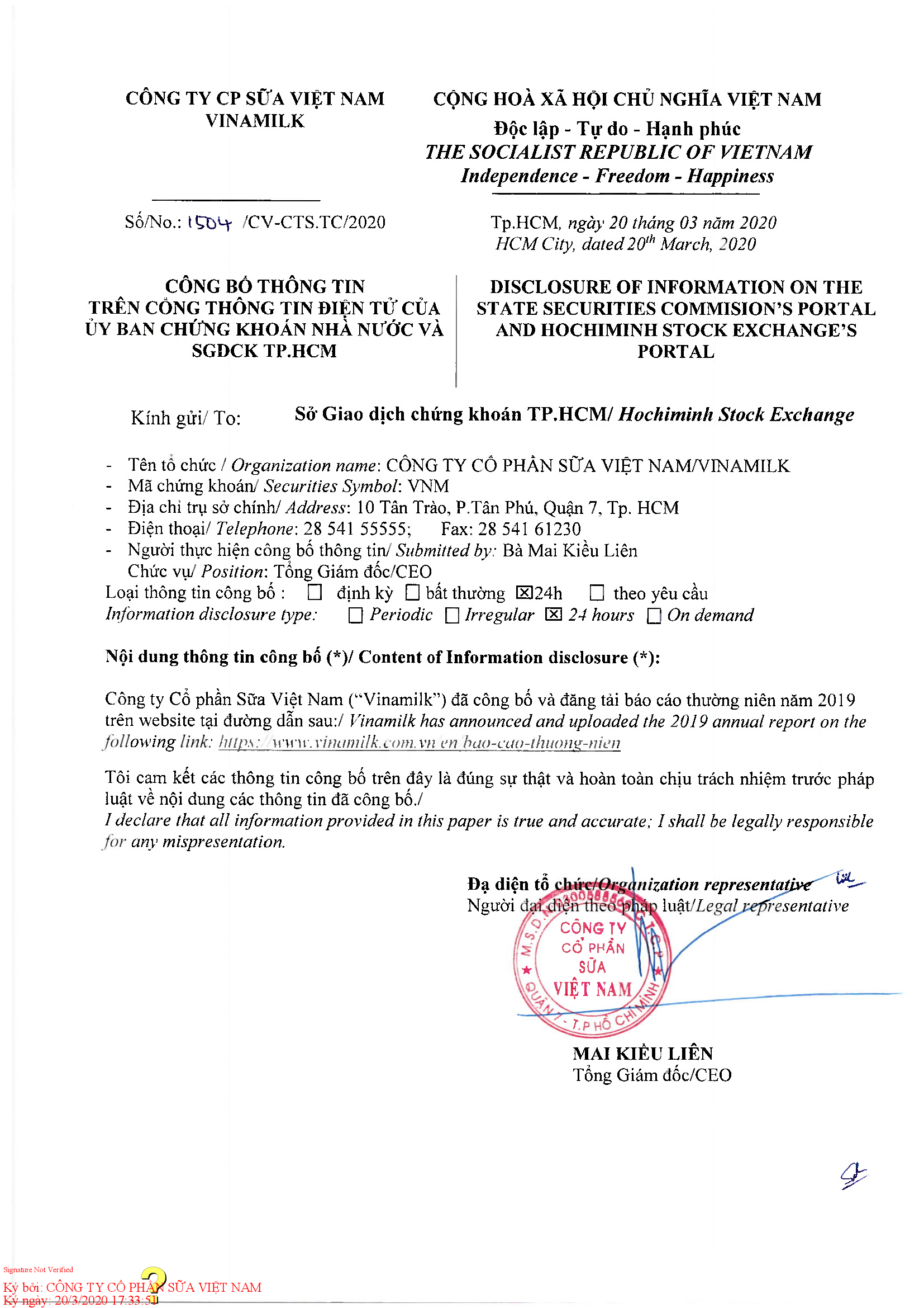 Disclosure of information on the annual report 2019 1