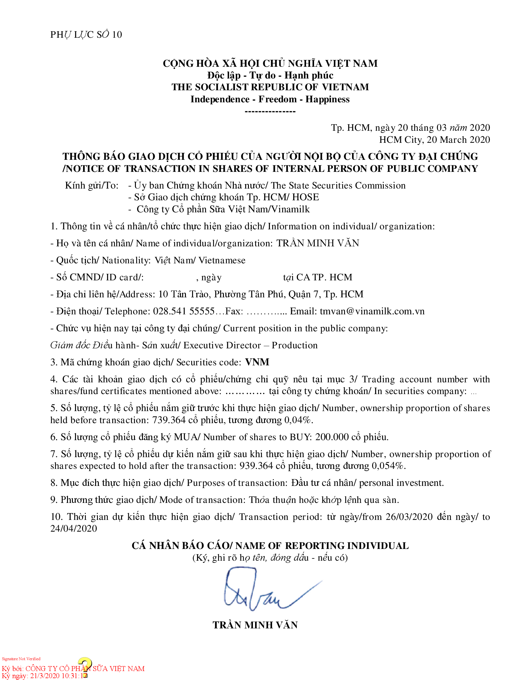 Notice of transaction in shares of internal person of public company 1