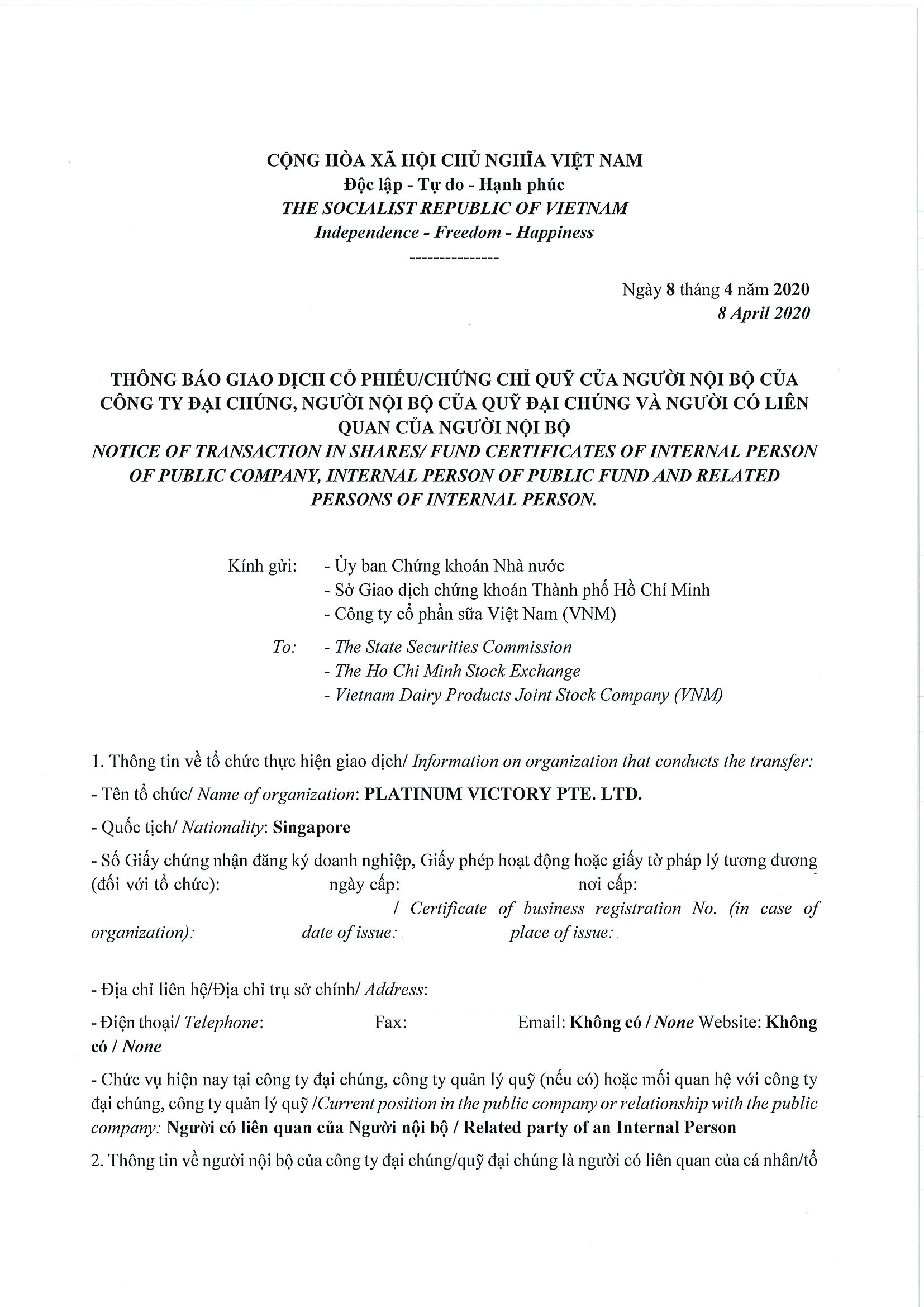 Notice of transaction of internal person from PLATINUM VICTORY PTE. LTD. 1