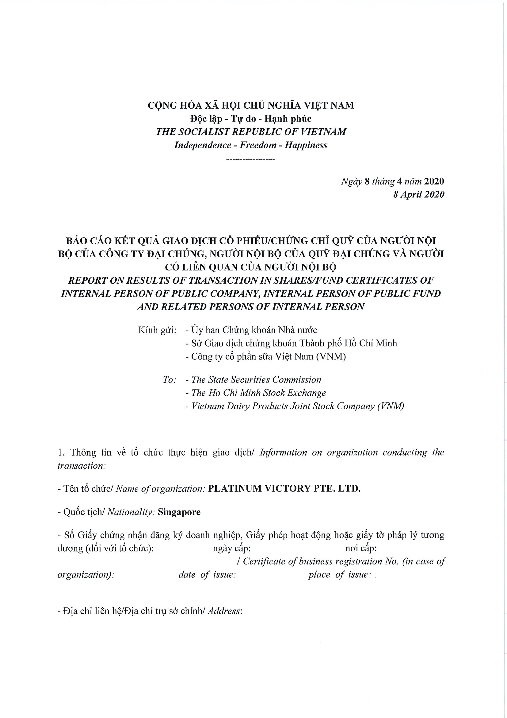 Report on results of transaction of internal person from  PLATINUM VICTORY PTE. LTD. 1