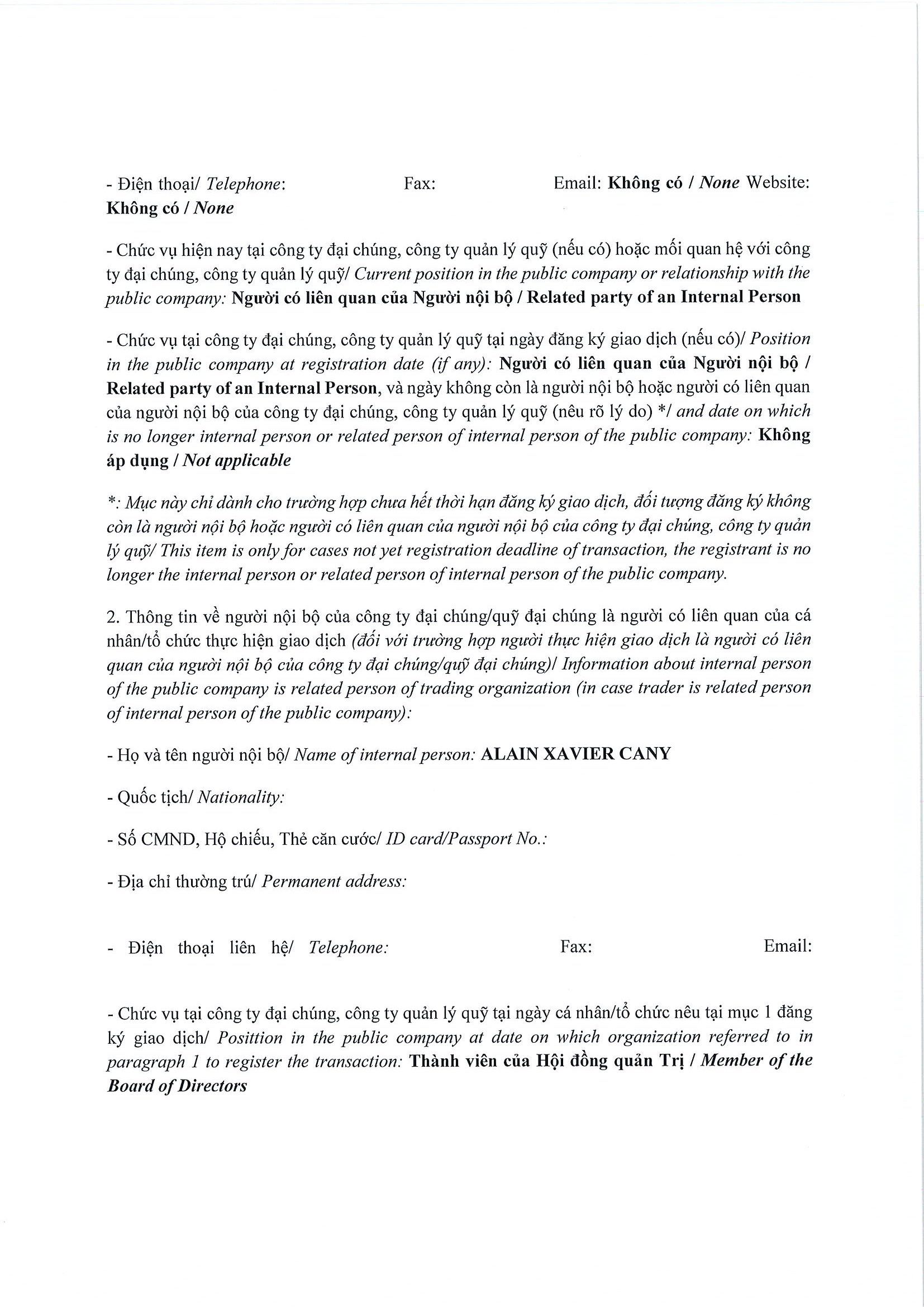 Report on results of transaction of internal person from  PLATINUM VICTORY PTE. LTD. 2