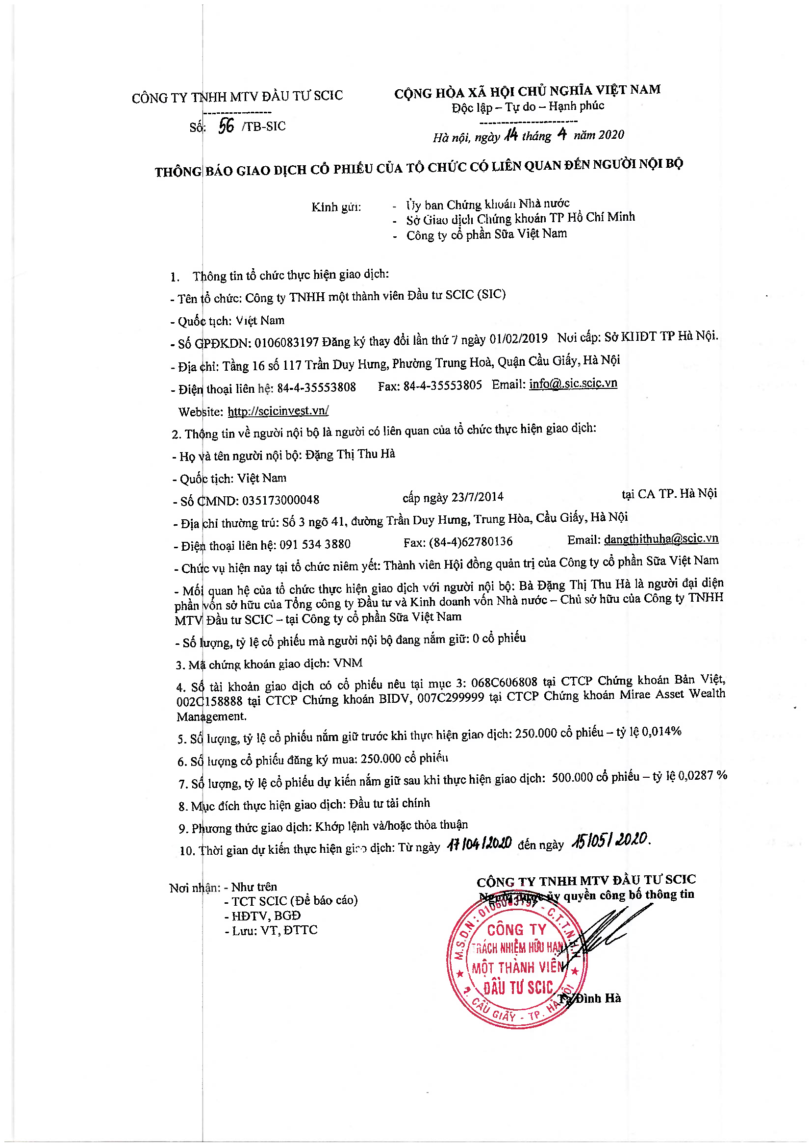 Thông báo giao dịch cổ phiếu của tổ chức có liên quan đến người nội bộ 1