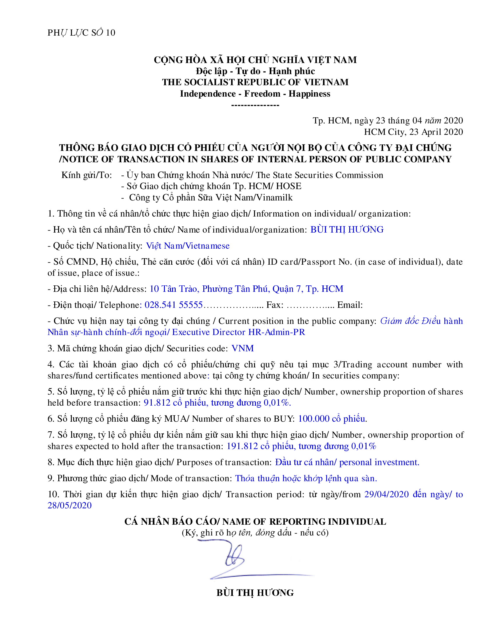 Thông báo giao dịch cổ phiếu của người nội bộ của công ty đại chúng - Bùi Thị Hương mua 100k cổ phiếu 1