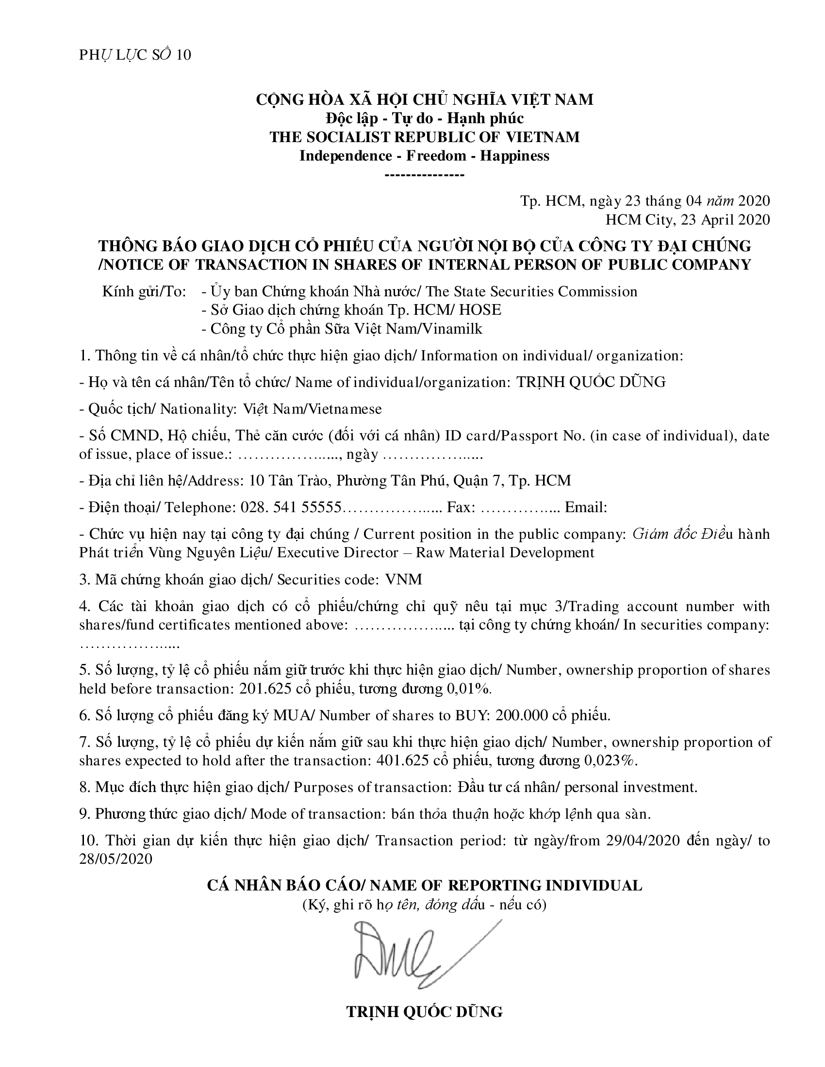 Notice of transaction in shares of internal person of public company - Mr Trinh Quoc Dung buy 200k shares 1