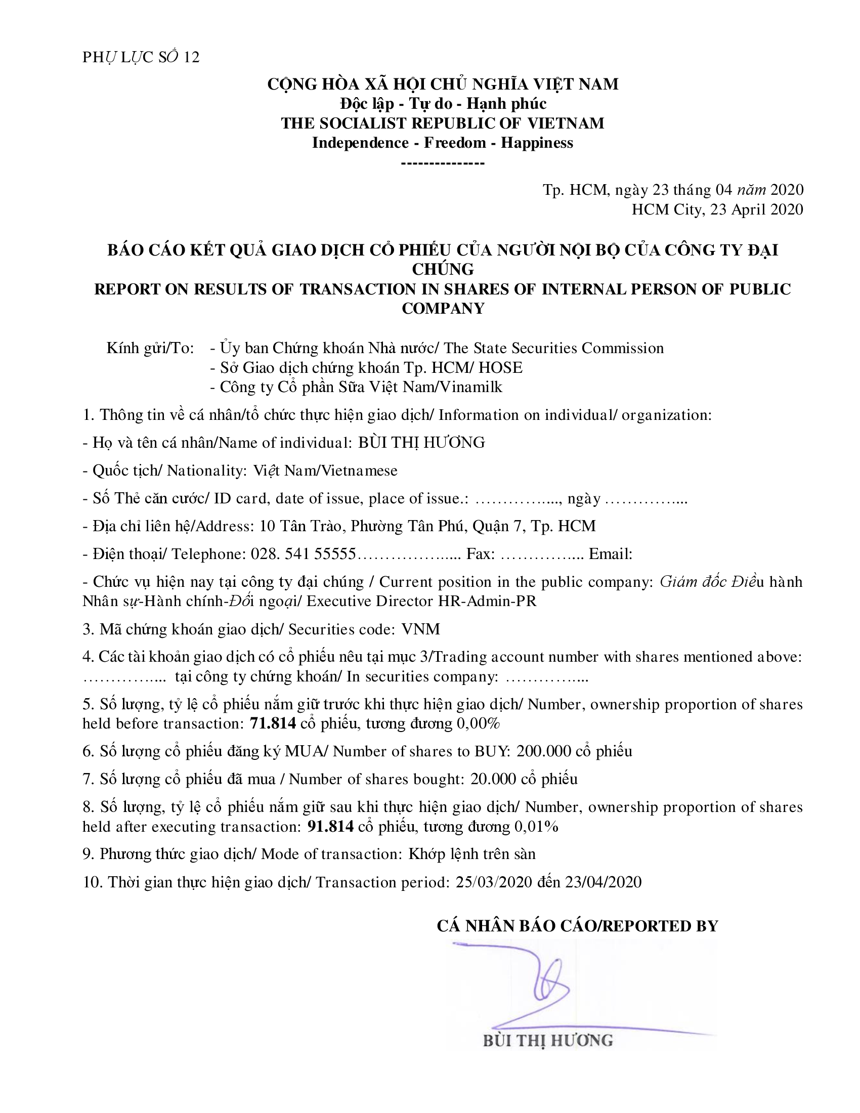 Báo cáo kết quả giao dịch cổ phiếu của người nội bộ của công ty đại chúng - Bà Bùi Thị Hương mua 20k cổ phiếu 1