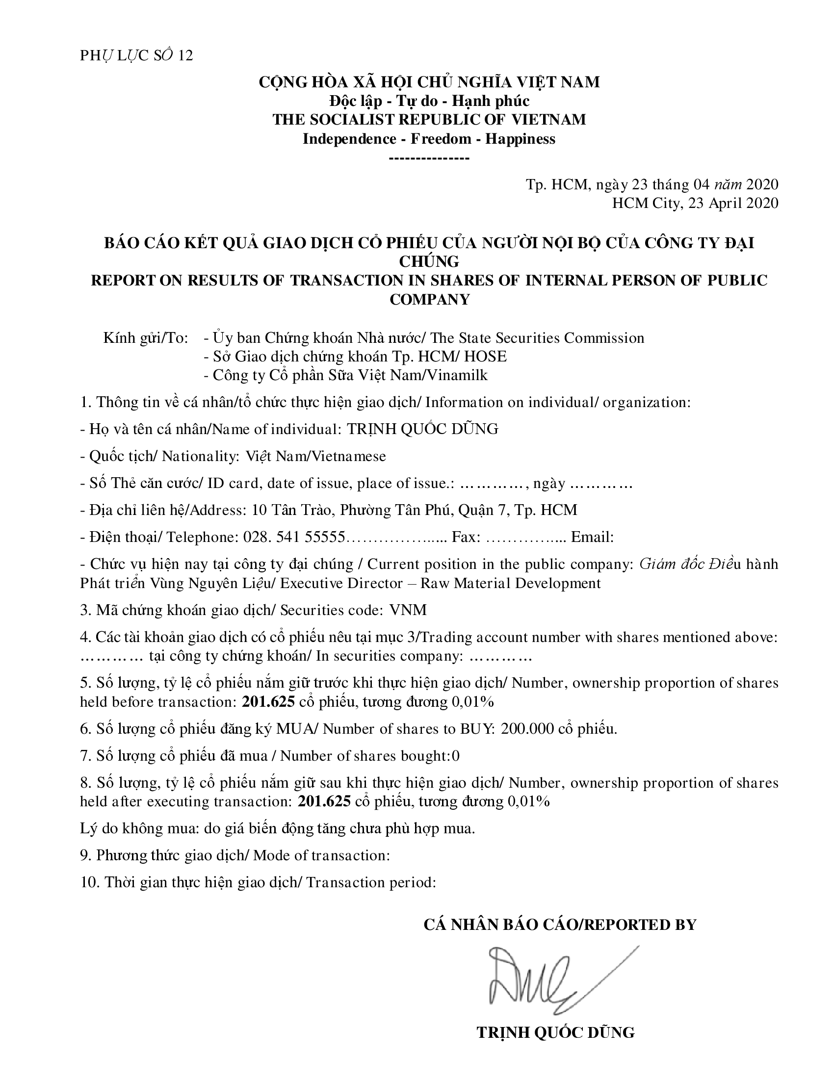 Báo cáo kết quả giao dịch cổ phiếu của người nội bộ của công ty đại chúng - Ông Trịnh Quốc Dũng mua 0 cổ phiếu 1