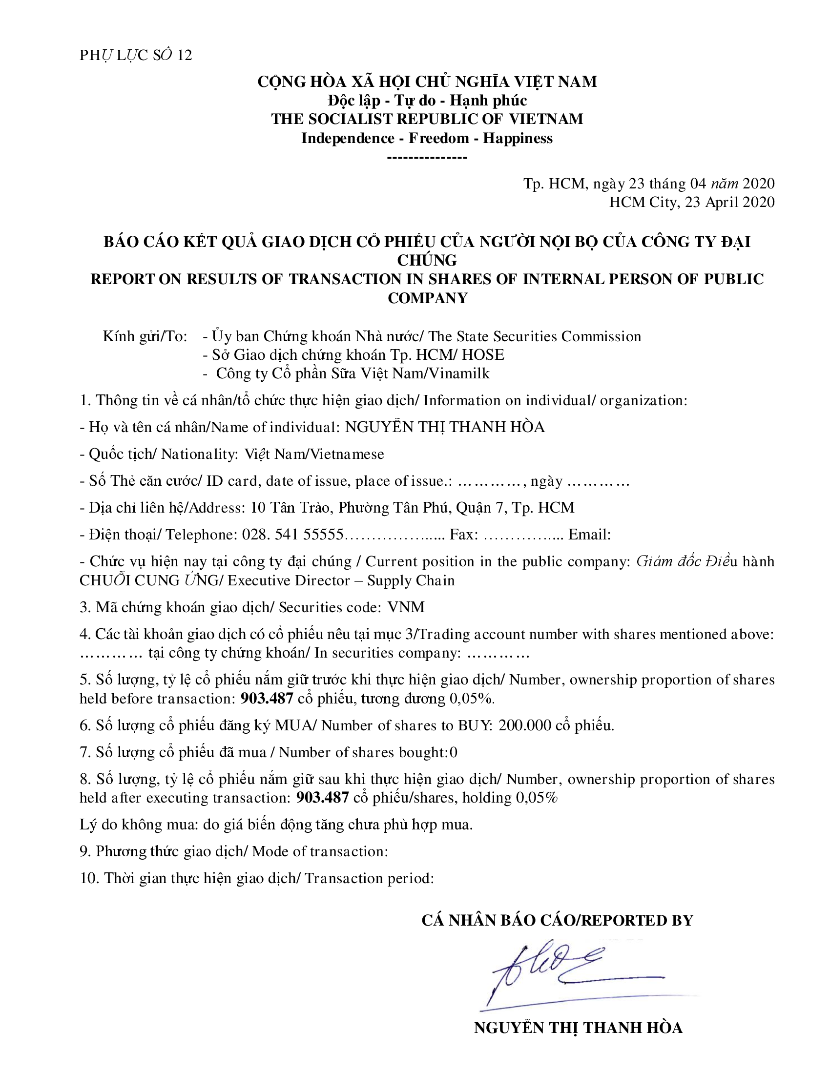 Báo cáo kết quả giao dịch cổ phiếu của người nội bộ của công ty đại chúng - Bà Nguyễn Thị Thanh Hòa mua 0 cổ phiếu 1