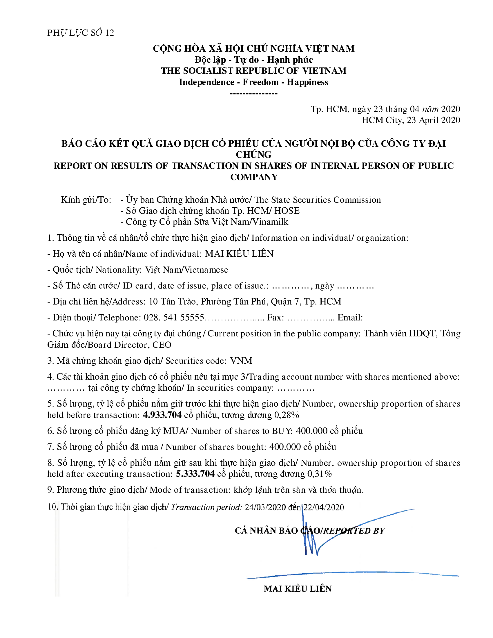 Report on results of transaction in shares of internal person of public company - Ms Mai Kieu Lien buy 400k shares 1